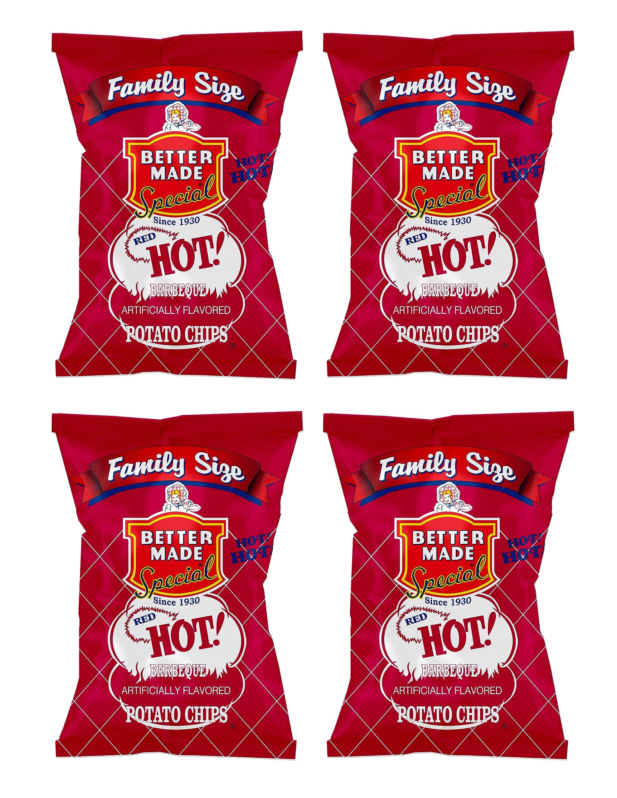 Special Potato Chips Four Pack (4) x Family Size Bags 8.5oz (Pack of 4) (RED HOT BBQ) - Crispy, Crunchy, Salty Snacks Made From Fresh Potatoes - Gluten Free - Family Owned and Operated