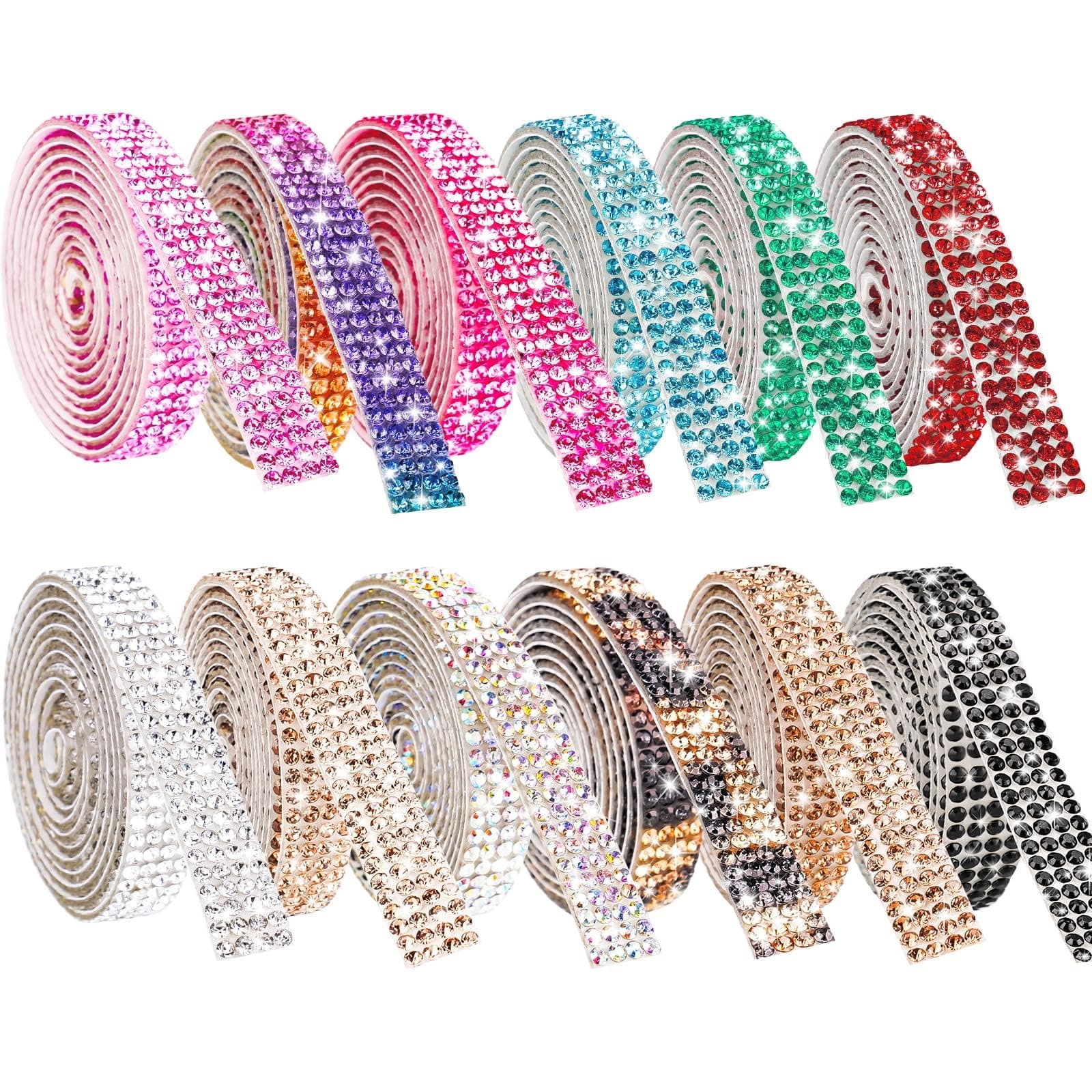 NiArt Self Adhesive Crystal Rhinestone Diamond Ribbon 12 Rolls 0.9cm Wide Total 12 Yards Multi-Functional DIY Decorative Bling Gemstone Arts Crafts Sticker Tape Glitter Shoes Clothes (Assorted Colors)