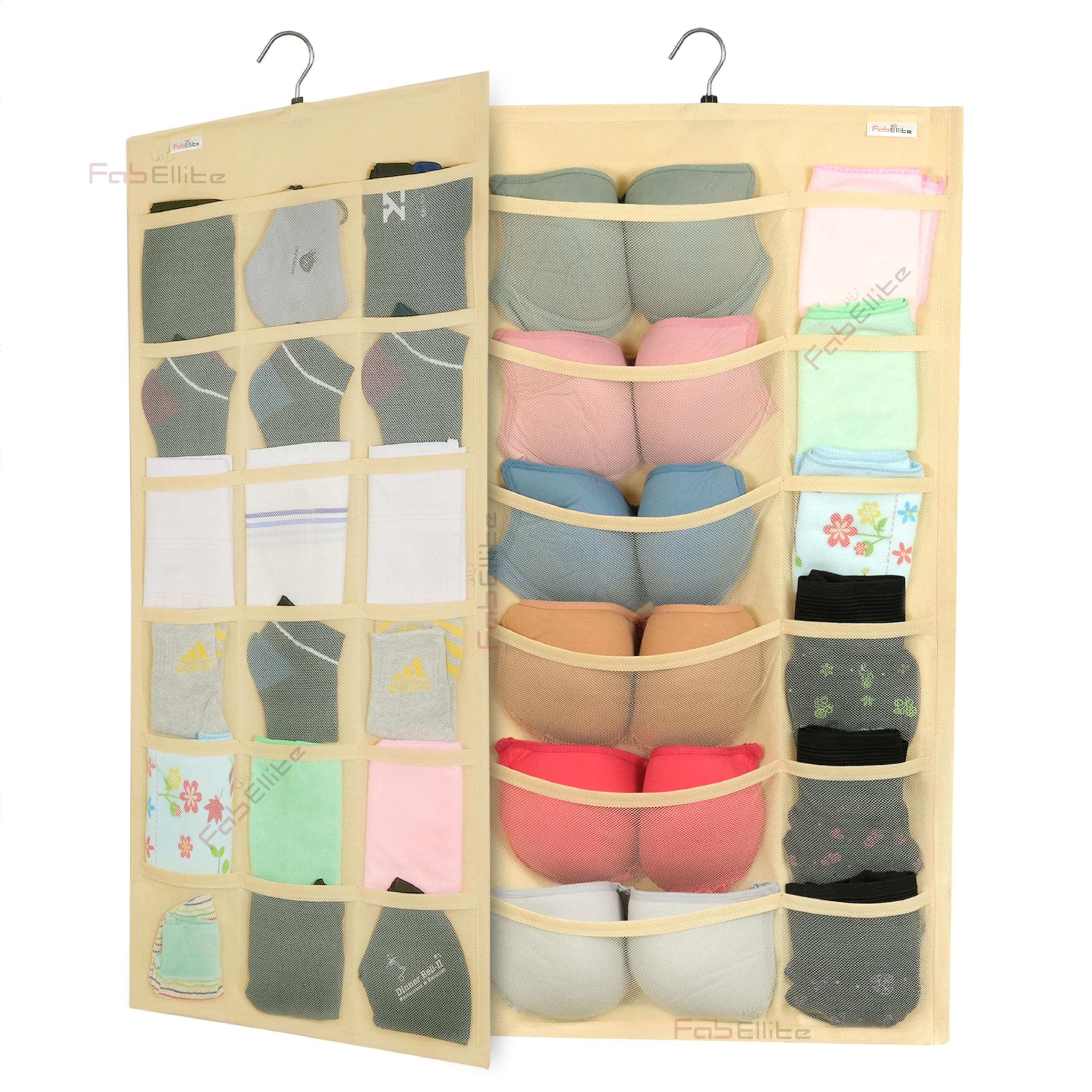 Double-Sided Hanging Organizer with 30 Clear Pockets | Wall Closet Storage Rack for Socks, Bras, Underwear & Accessories | Non-Woven Fabric | Space-Saving Hanger Design (Ivory, Pack of 1)