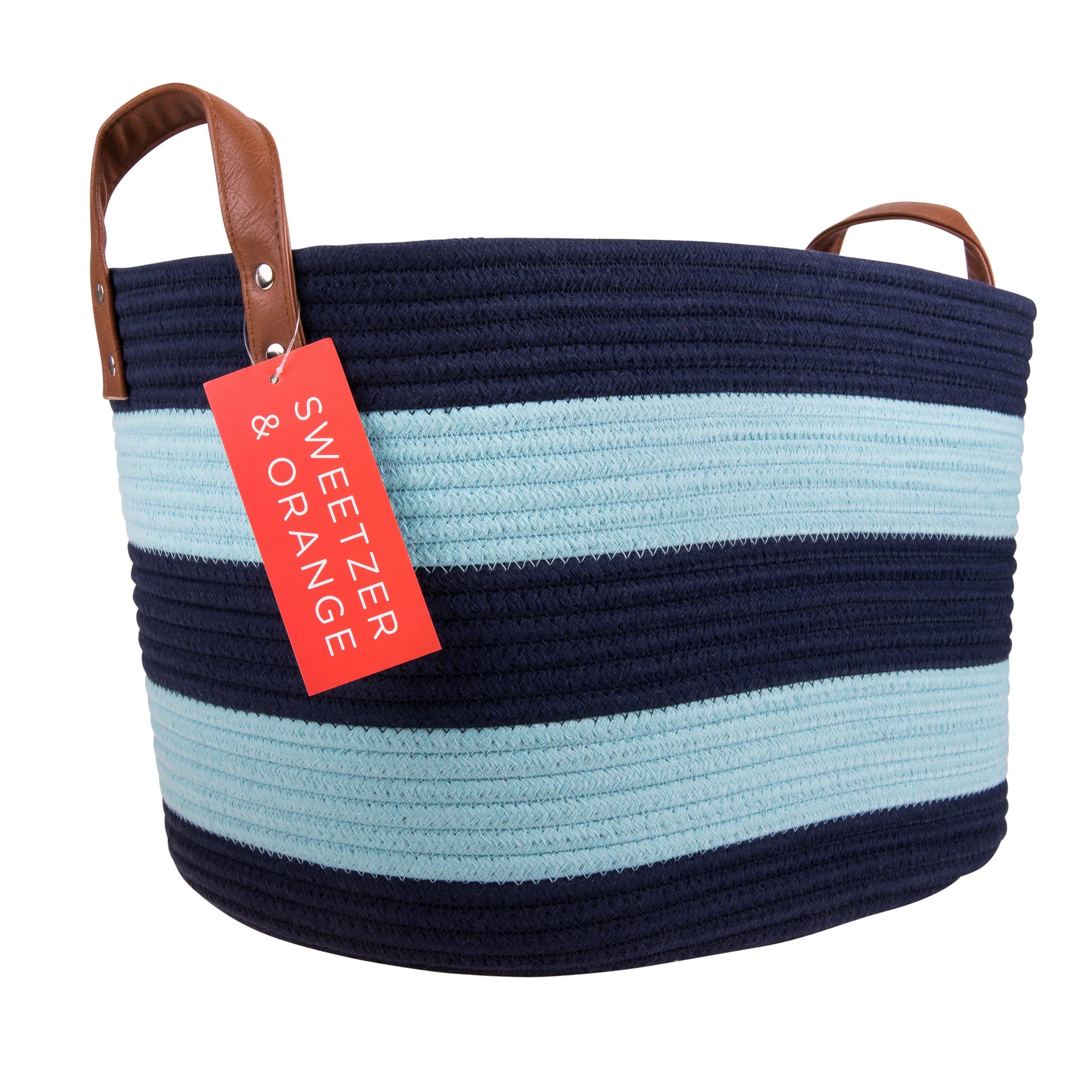 Sweetzer & Orange Large Woven Cotton Rope Storage Basket (Vegan Handles) - Blanket Storage Baskets, Laundry Basket, Toy Storage, Nursery Hamper - Decorative Blue Stripe Basket for Living Room