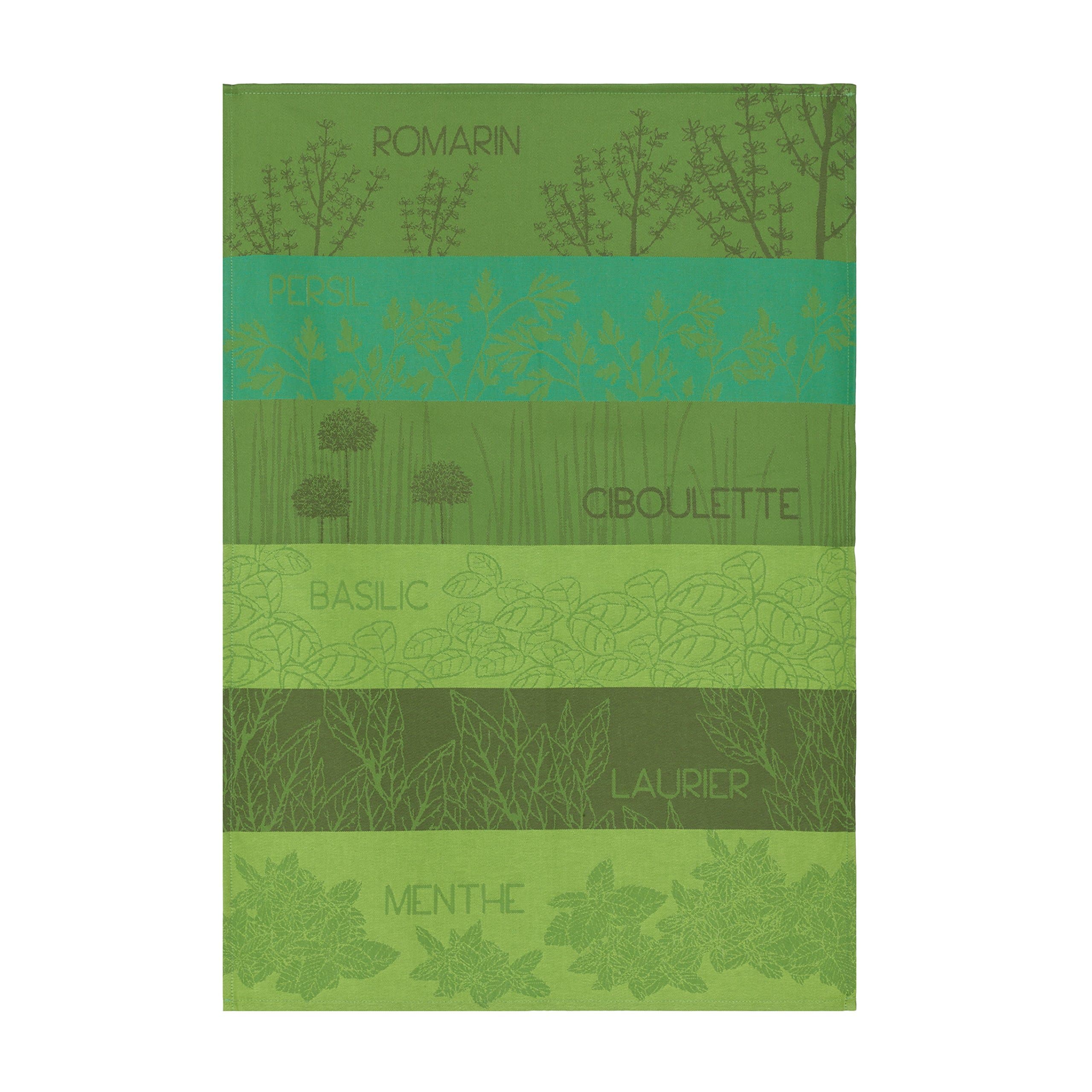 French Cotton Jacquard Towel, Herbes Aromatiques, 20-Inches by 30-Inches, Green