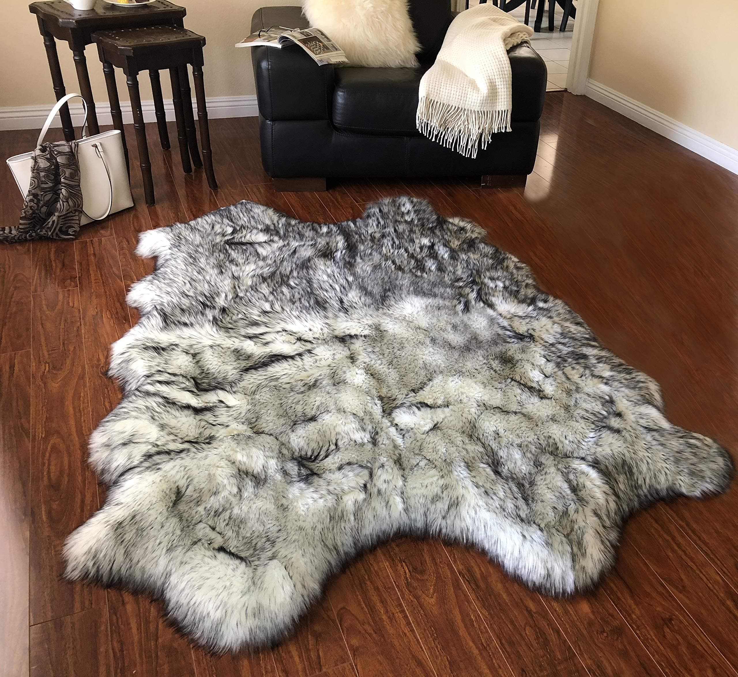 - LAMBZY Faux Sheepskin Super Soft Free Shape Silky Shag Rug, Luxury Shaggy Silky Plush Carpet for Bedrooms Rugs Living Room Sofa Floor Rugs (4 Pelts 4'x6', 120cm X 180cm White with Black Tips)