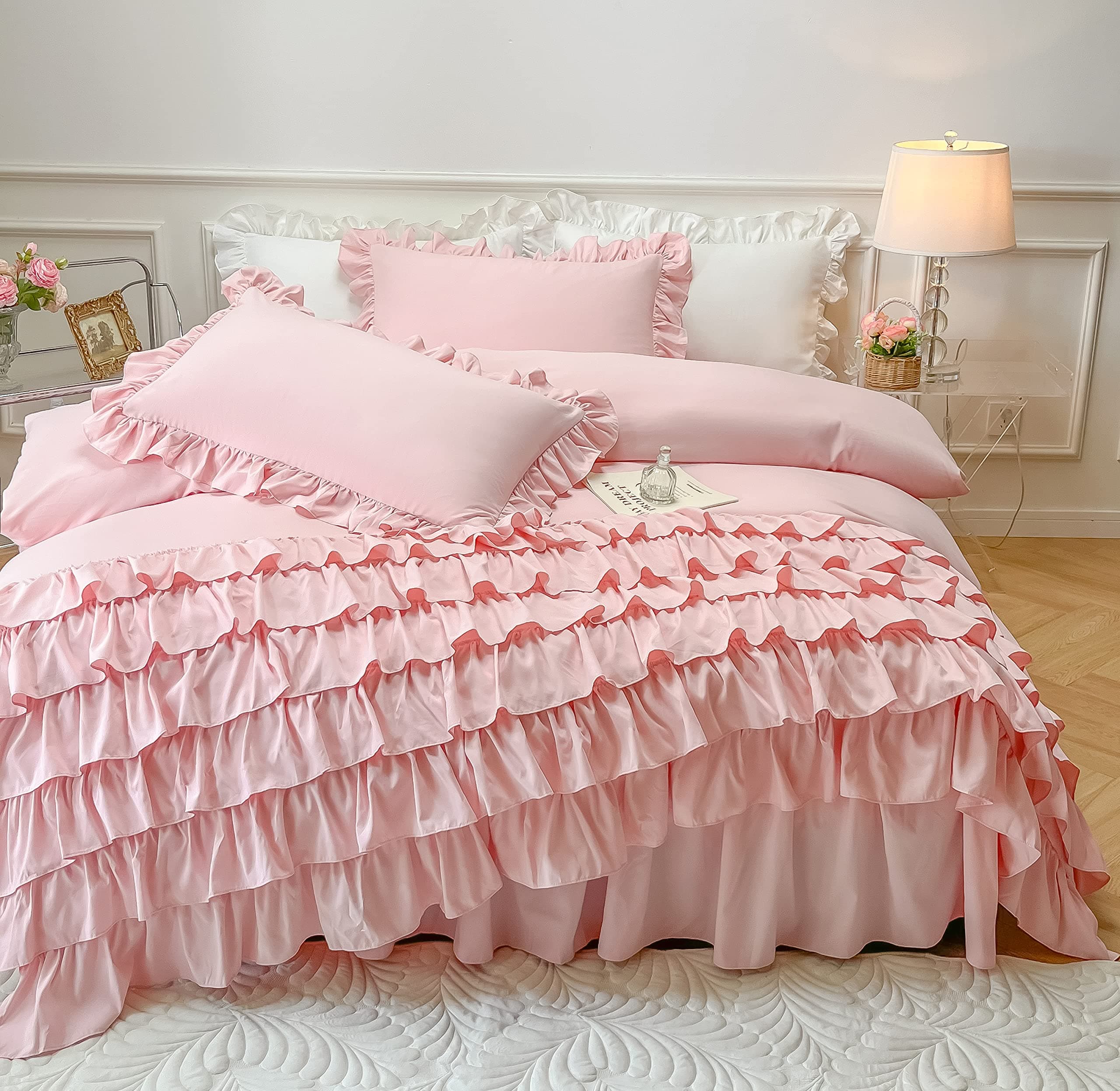 MOOWOO Waterfall Ruffle Duvet Cover Queen,Light Pink 3 Piece Shabby Chic Bedding Solid Color Soft and Breathable with Zipper Closure & Corner Ties