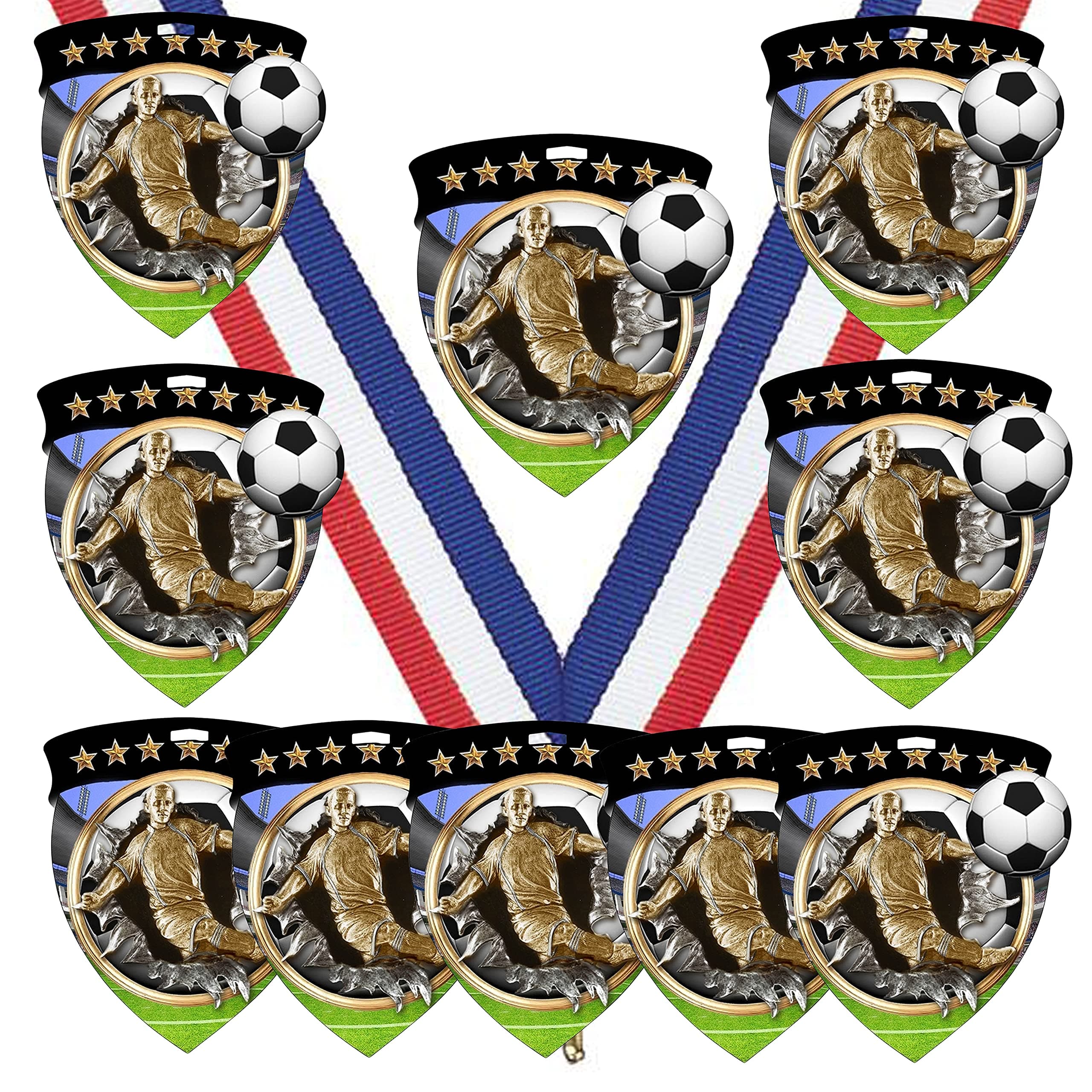 Express Medals 3 Inch Shield Shape Boys Soccer Medals Trophy Team Award with Neck Ribbons CSM Trophies Awards Gift - (Pack of 10) - Large