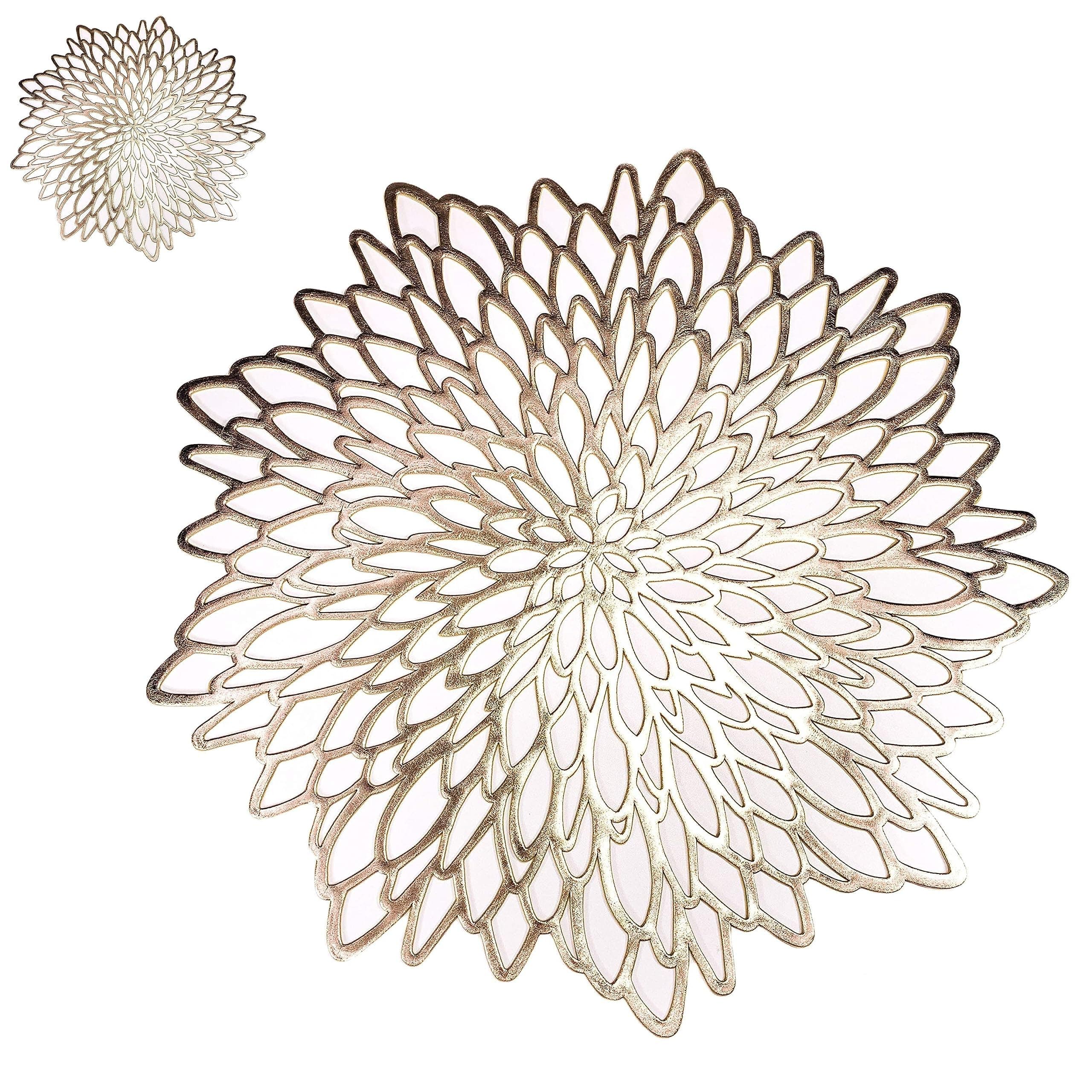 Snowkingdom 6 Pack Gold Placemats Metallic Pressed Vinyl Round Leaf Plastic Dinning Table Place Mats Fancy Decorative for Wedding Christmas Thanksgiving Holiday Spring Outdoor