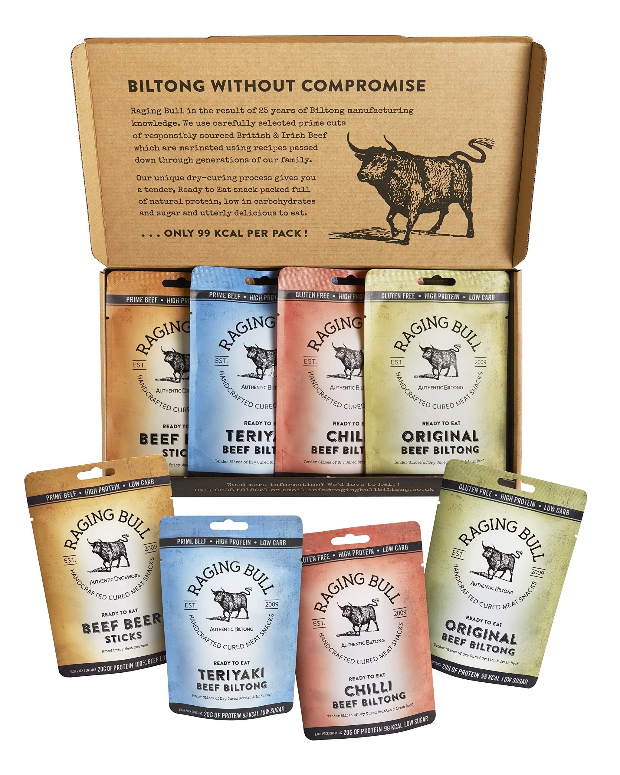 Raging Bull Biltong Taster Pack - 2 x 28g Bags of Original, Chilli and Teriyaki Beef Biltong - 2 x 40g of Original Droewors Sticks - High Protein Snacks - Low Carb Keto Snacks - Carnivore Meat Snack