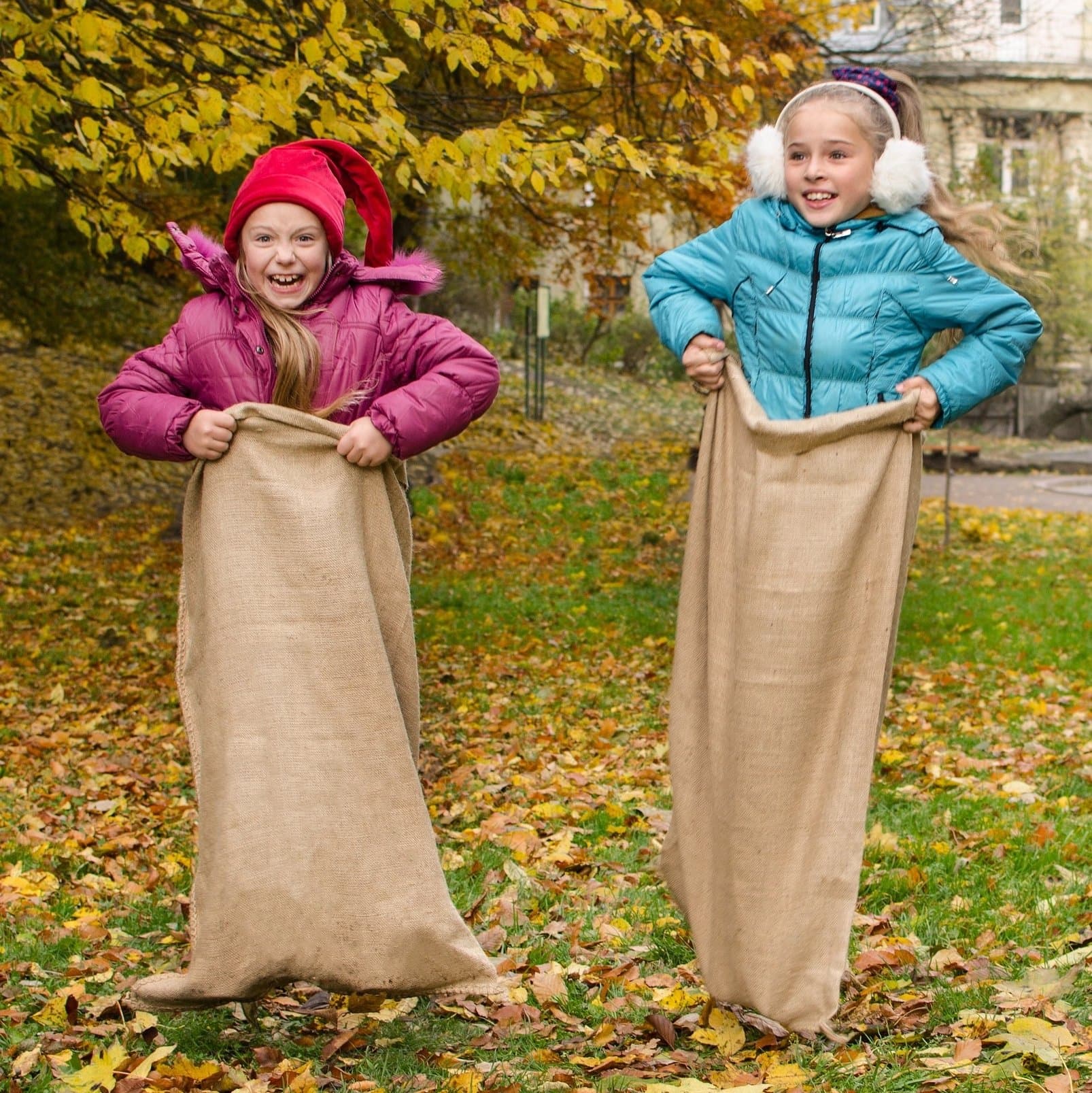 4 Bags - 23" x 40" Burlap Potato Race Sacks. Bio-degradable, strong jute yarn, develop motor skills, coordination: just for fun sack racings in school, camps, for décor, for keeping products