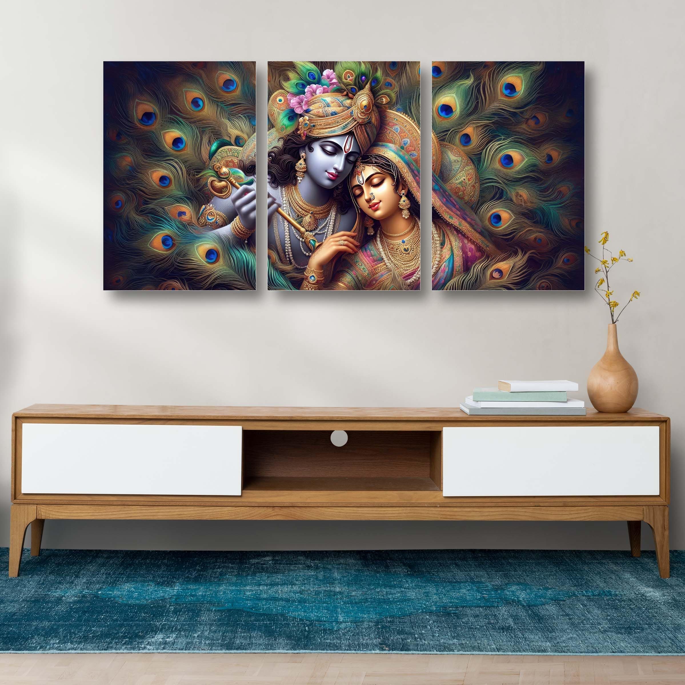 Klasika Radha Krishna Canvas Wall Painting – Divine Couple Artwork for Pooja Room & Living Room, Large Wall Art, Set of 3 Canvas on MDF Framed Panels (122 x 60 cm)