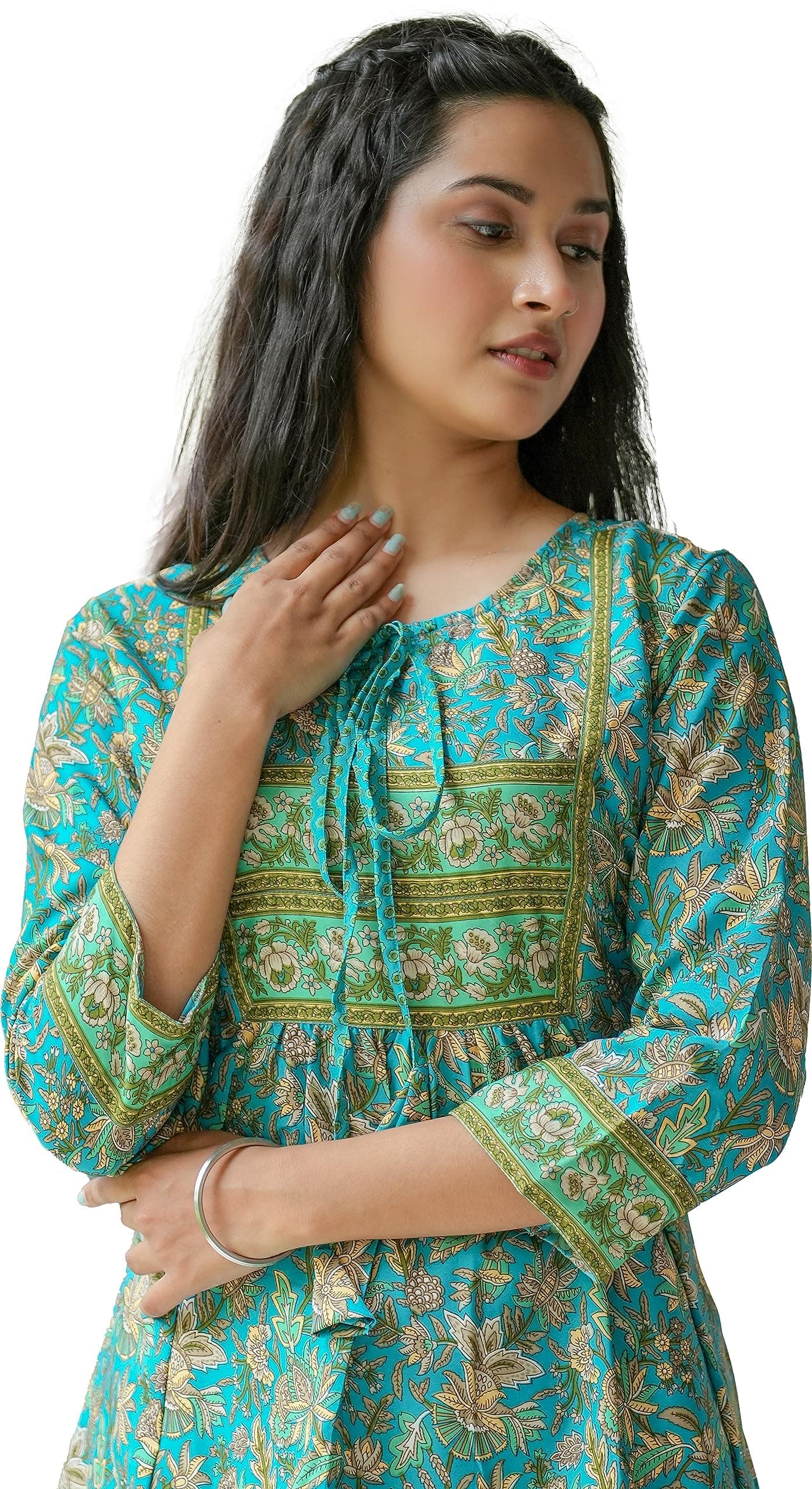 Yash GalleryWomen's Polyester Relaxed Fit Short Floral Placet 3/4 Sleeve and Keyhole Neck Printed Kurti