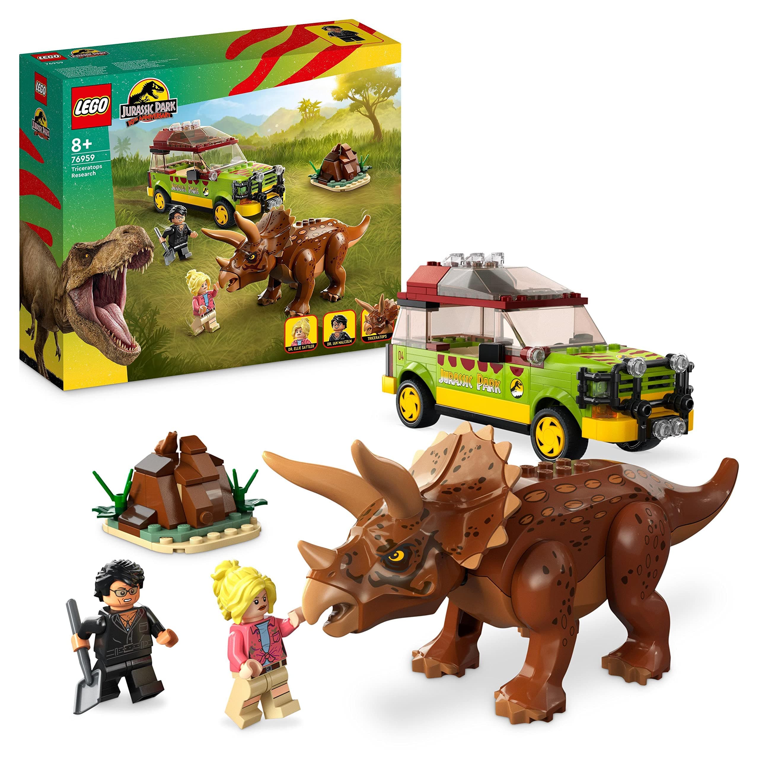 Jurassic Park Triceratops Research Dinosaur Toy Set with Ford Explorer Car and Dino Figure, 30th Anniversary Collection, for Boys, Girls, Kids 8 Years Old and up 76959