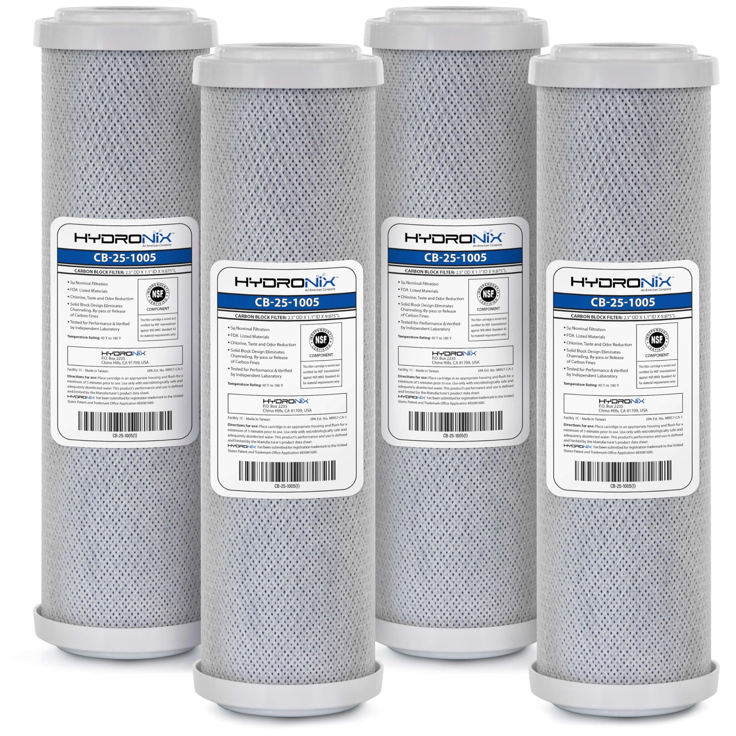 Hydronix CB‑25‑1005 Whole House Coconut Carbon Block Water Filter – 5-Micron Replacement Cartridge for RO & Drinking Water Systems | Standard 2.5 x 10 Inch Filter Housings (4 Pack)
