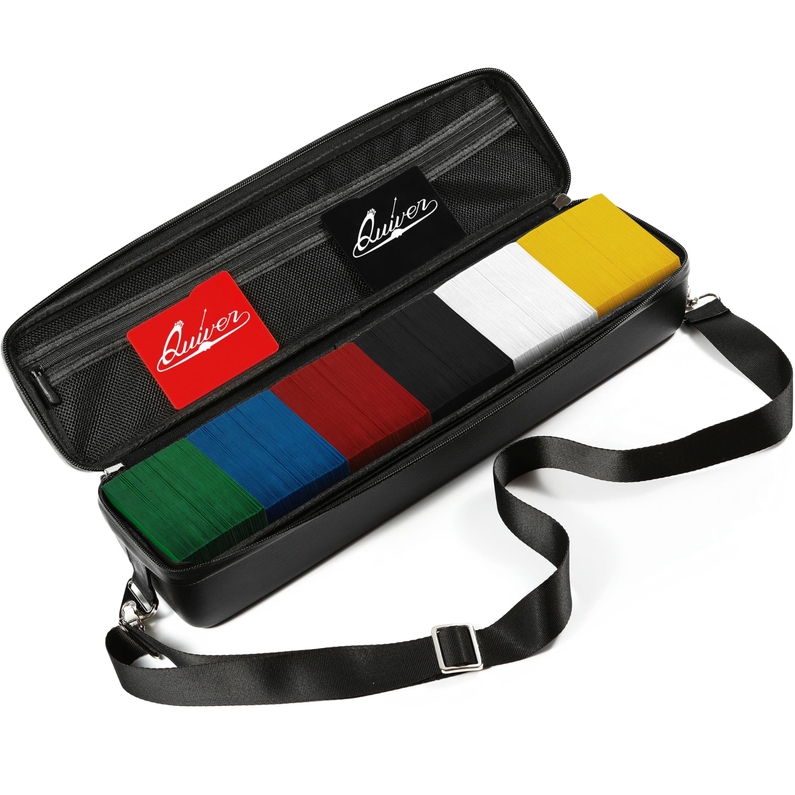 Quiver Time Black Quiver Card Carrying Case - TCG Cards Deck Box Holder for Trading Cards, MTG Bag Playing Card Case (+Wrist & Shoulder Strap, Dividers, Separators, Corner Pads + 100 Apollo Sleeves)