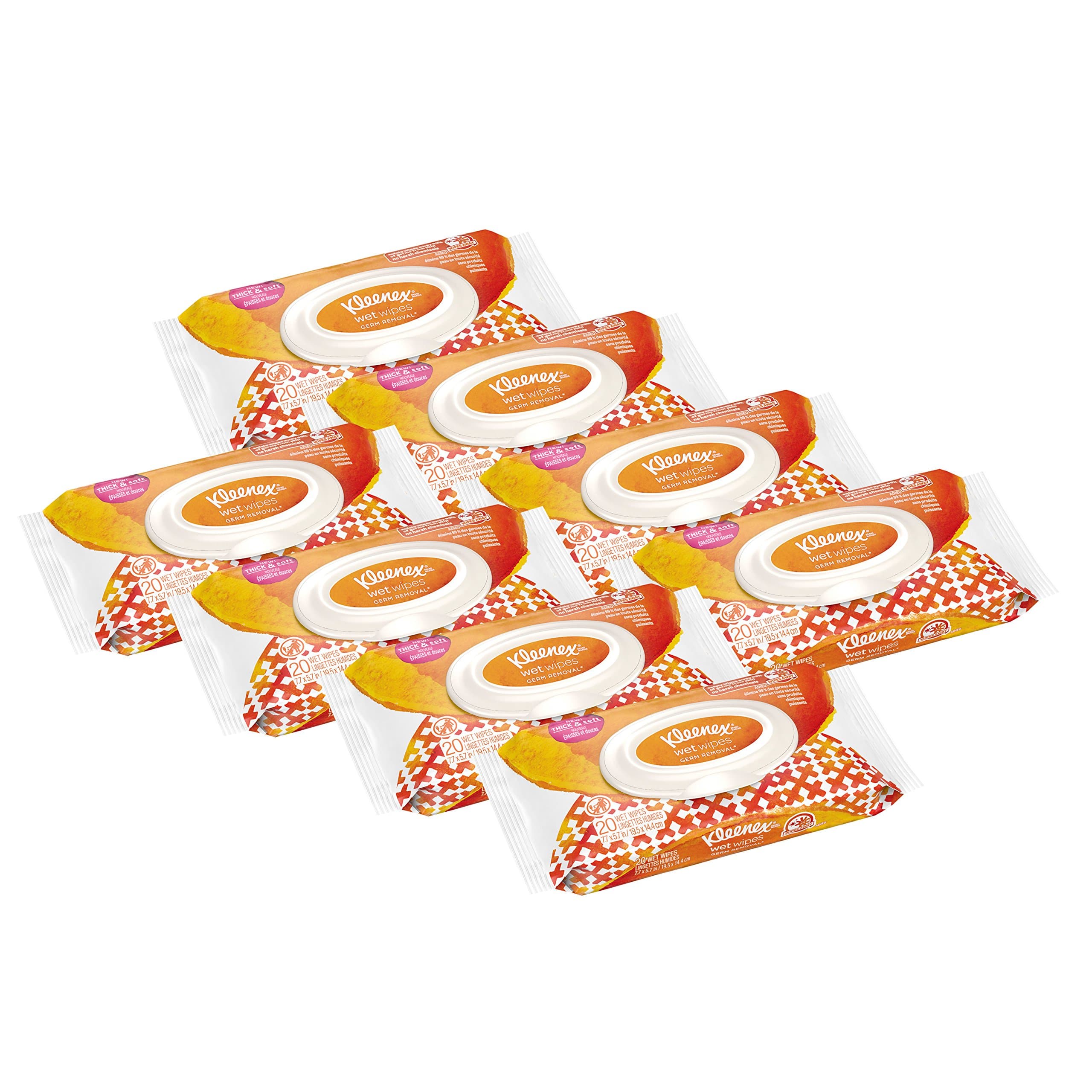 Kleenex Wet Wipes Germ Removal Clean For Hands, 8 Flip-Top Packs, 20 Count (Pack of 8) (160 Wipes Total)