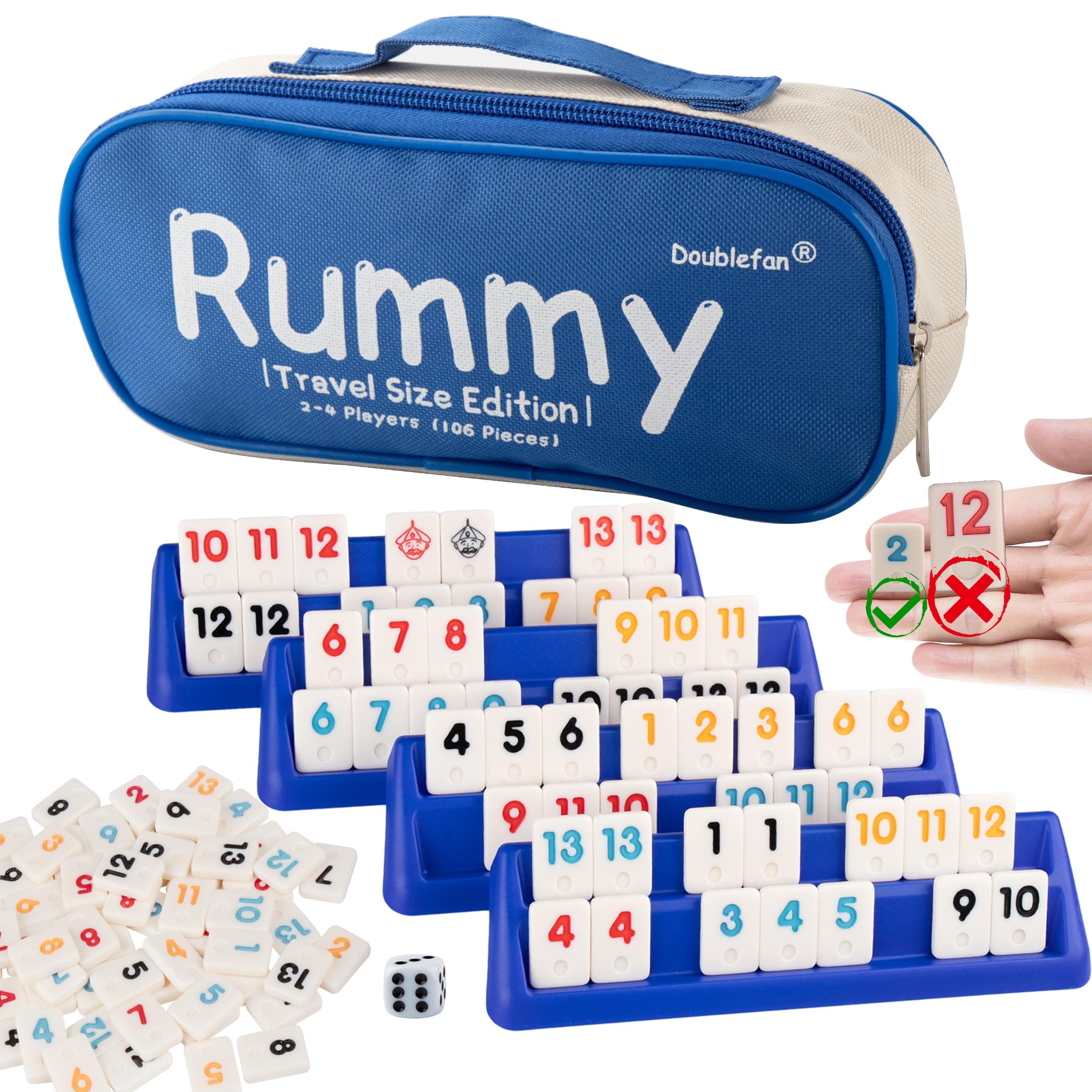 Mini Rummy Cube Set, Mini Size Rummy Game with Portable Bag, Small Travel Game for Adult and Kids,106 Tiles, 4 Playing Rack, 1 Dice (2-4 Players)