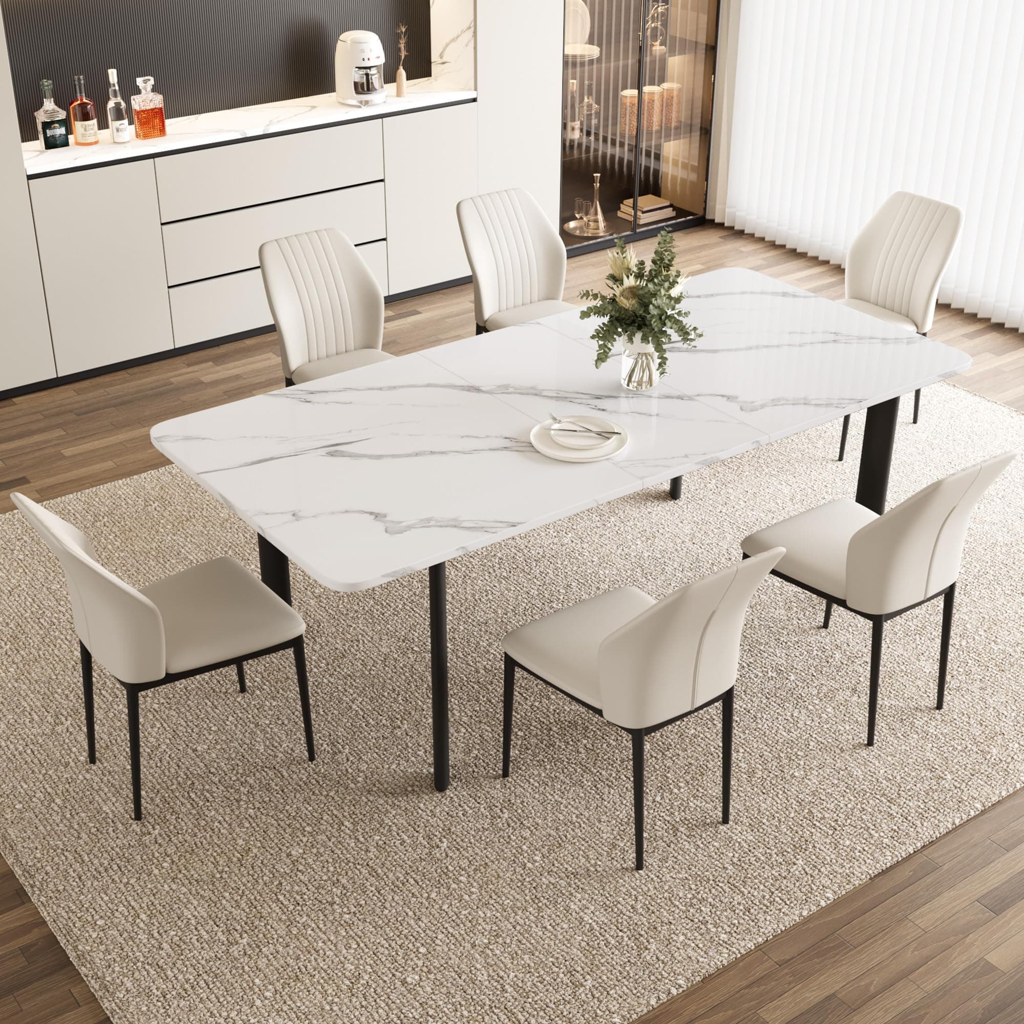Extendable Dining Table Set for 6-8 People, 63 to 78.7 Inch MDF Kitchen Table with 6 Upholstered Chairs, Space-Saving for Dining Room, Breakfast Nook(White Table & 6 White Chairs)