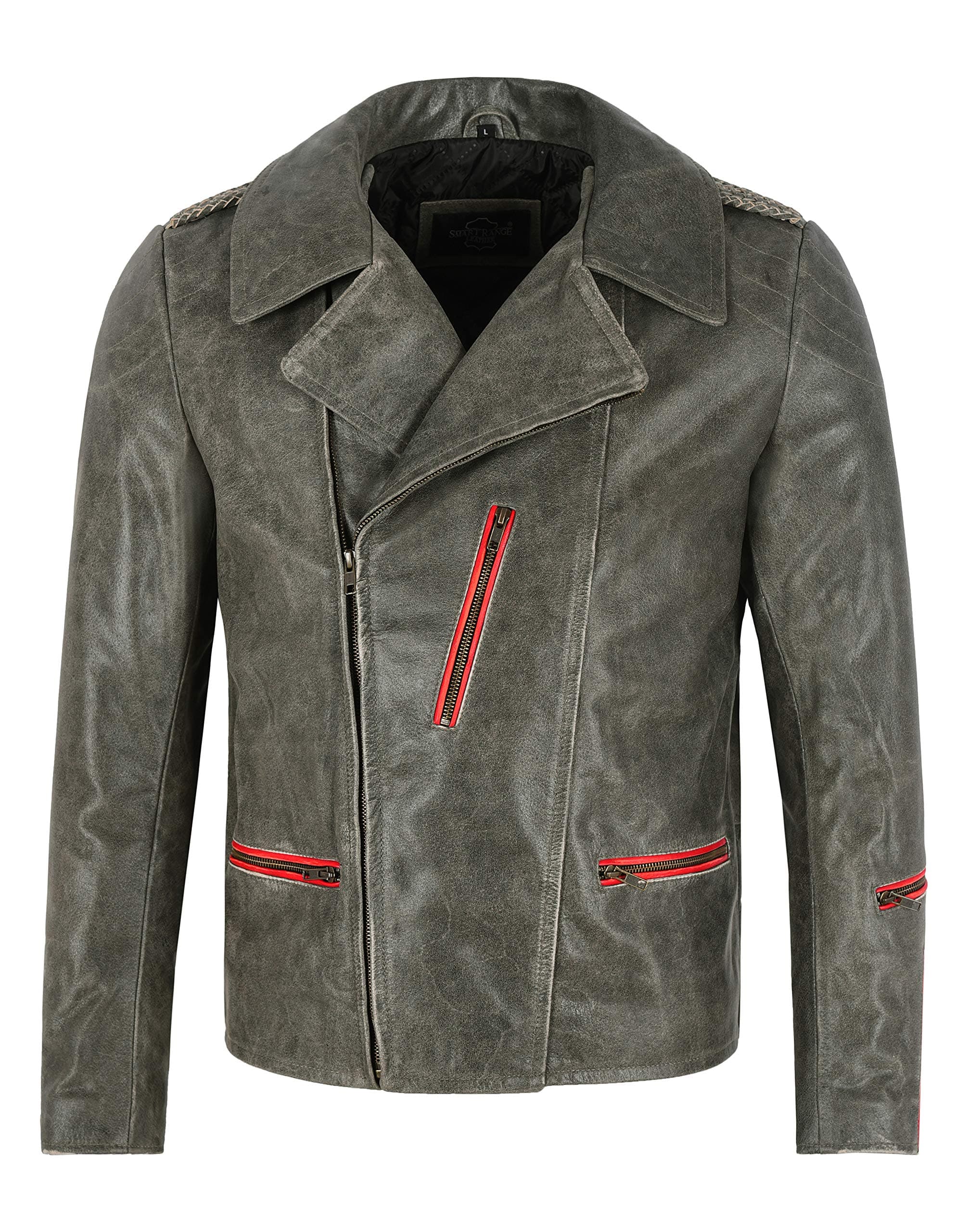 70'S Retro Collared Jacket Grey Cow Leather Classic Biker Fashion Vintage Jacket