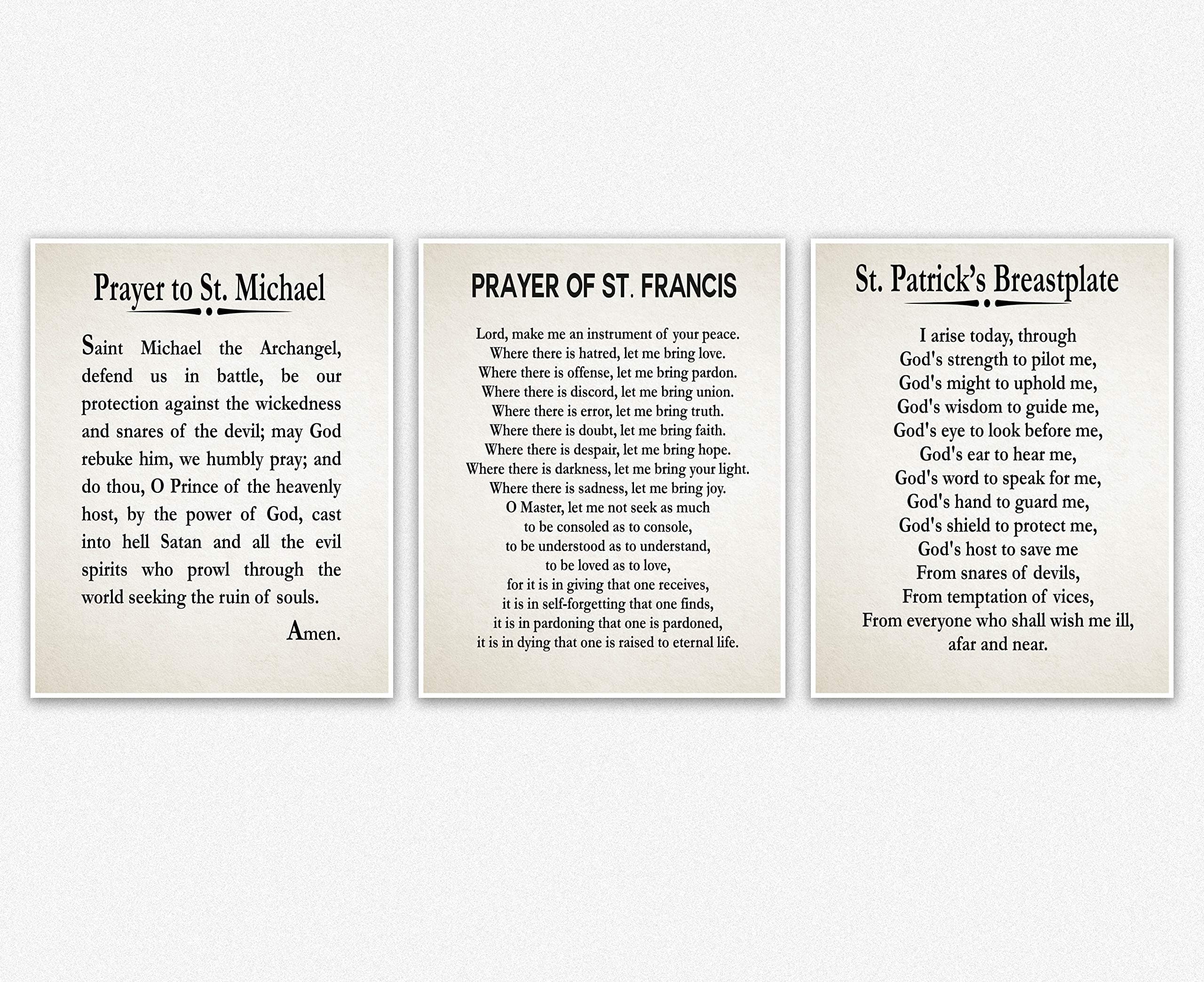 Wallbuddy St. Patrick Prayer I Arise, Prayer of St. Francis, Prayer of St. Michael - Set of 3 (8 x 10, Ivory)
