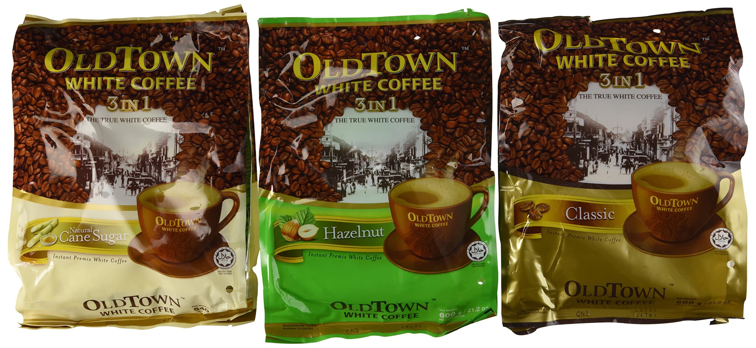 OLD TOWN White Coffee 3 in 1 Variety Pack (Classic, Natural Cane Sugar, Hazelnut)