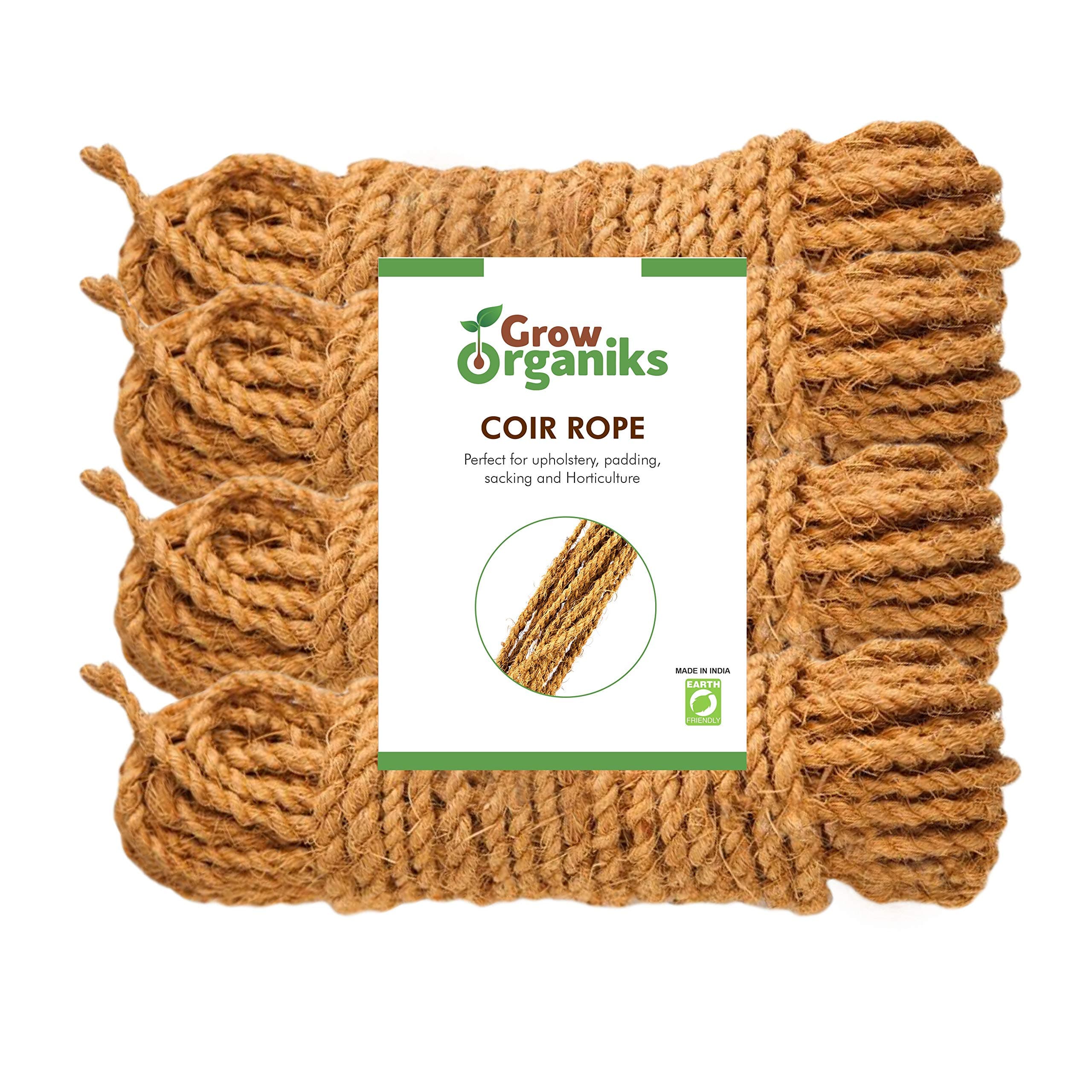 Grow Organiks Natural Coconut Coir Fibre Rope, Coir Twine (Twisted Coir Rope) for Crafts/Garden/Plant Hanger-One Hank-20ft-(4 Hanks in a Pack)