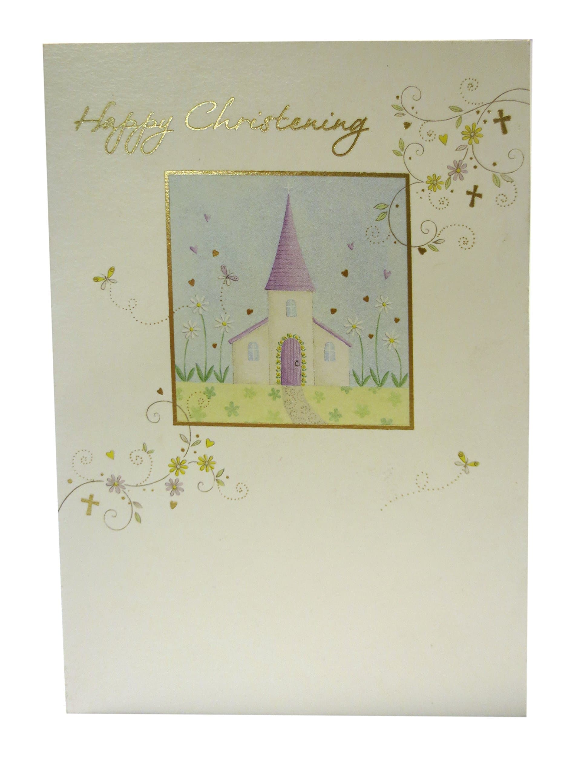 5" X 7" Happy Christening Greeting Card with Purple and White Castle and Gold Foil Accents