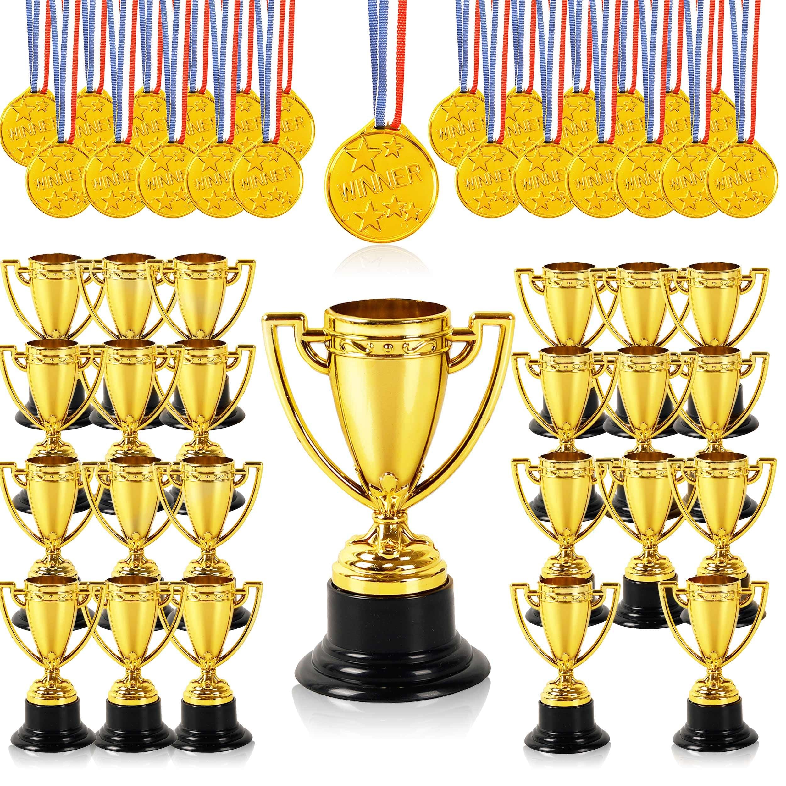 48 Pcs Mini Trophies and Medals Awards - 24 Pack 3.5 Inch Gold Plastic Trophy Cup and 24 PCS Shiny Golden Winner Medals for Kids and Adults - Perfect for Party Favors Halloween and Decorations