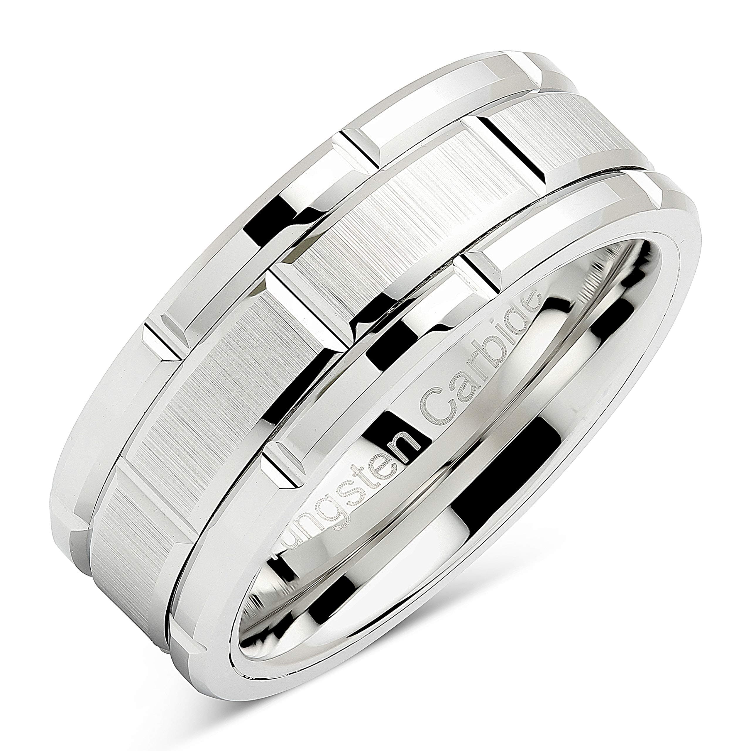 - Tungsten Rings For Men Wedding Band White Gold Brick Pattern Rhodium Plated Size 6-16