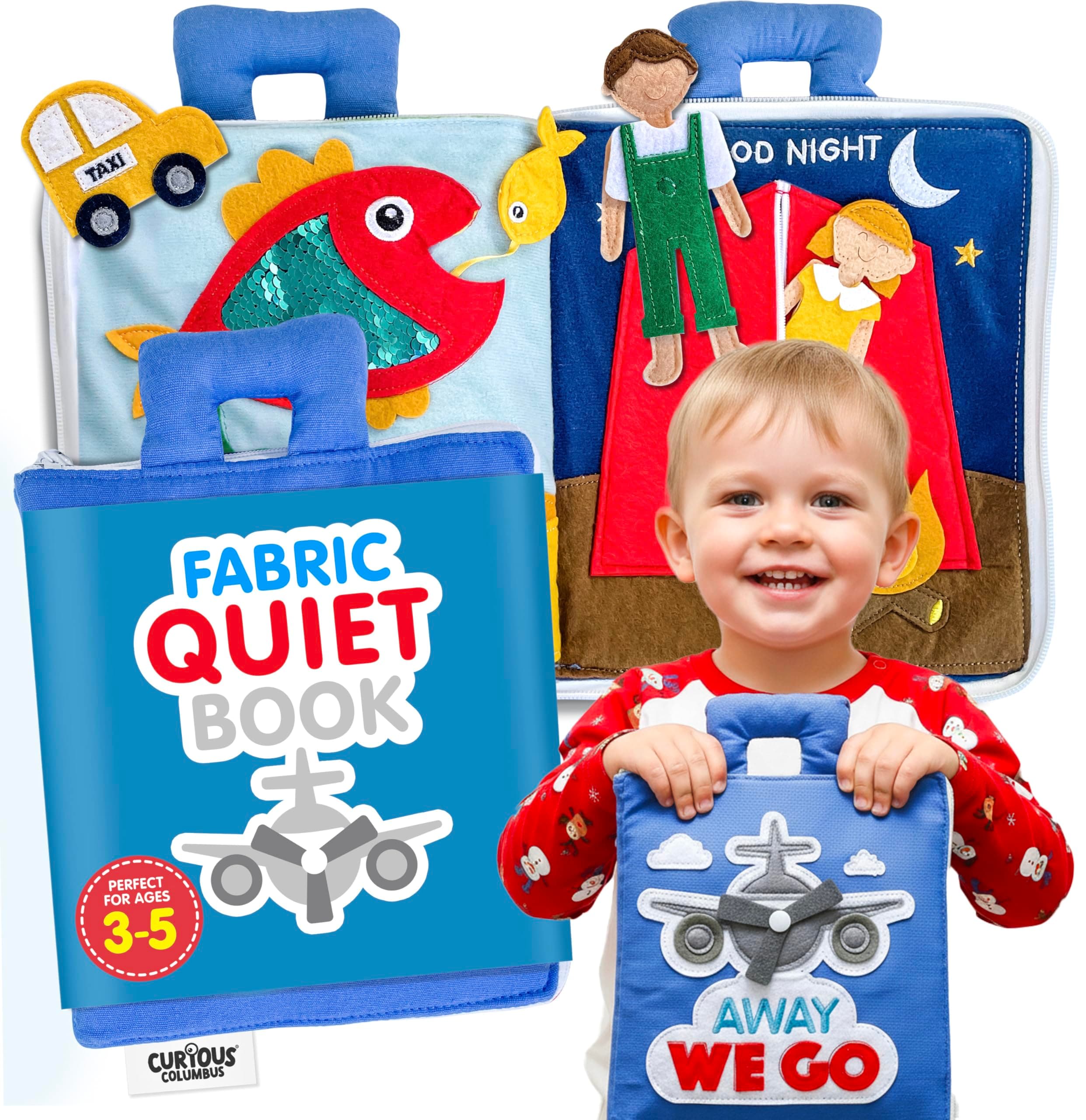 Curious Columbus Quiet Book – Away We Go Busy Book for Kids, Montessori Airplane Travel Toy for Preschool and Early Learning