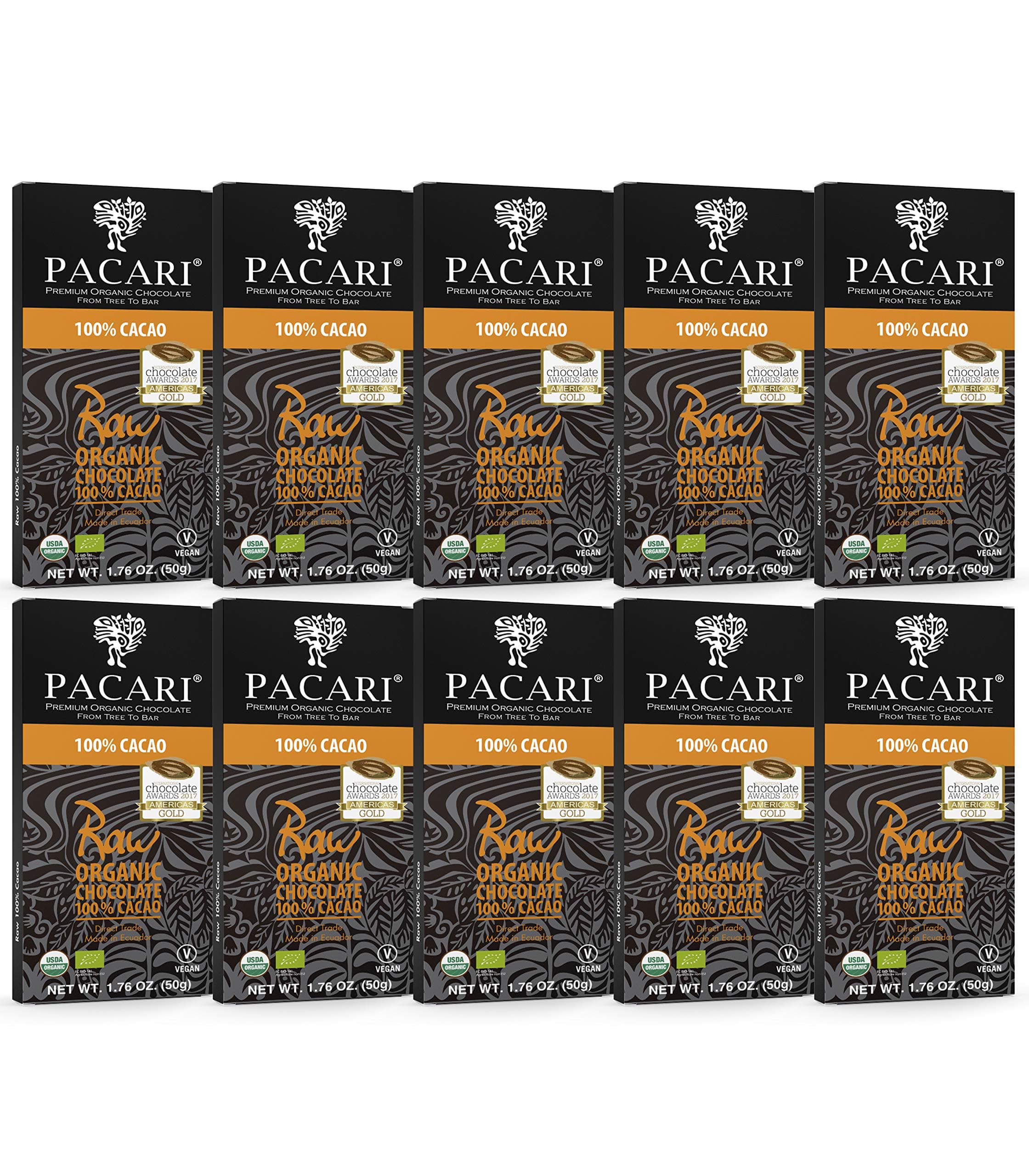 Organic Dark Chocolate Bars | Fair Trade Chocolates Bar, 100% Cacao Pure Organic Chocolate, Vegan & Gluten Free | Perfect as Valentines Day Gifts | 10 Bars (each 1.76 oz)