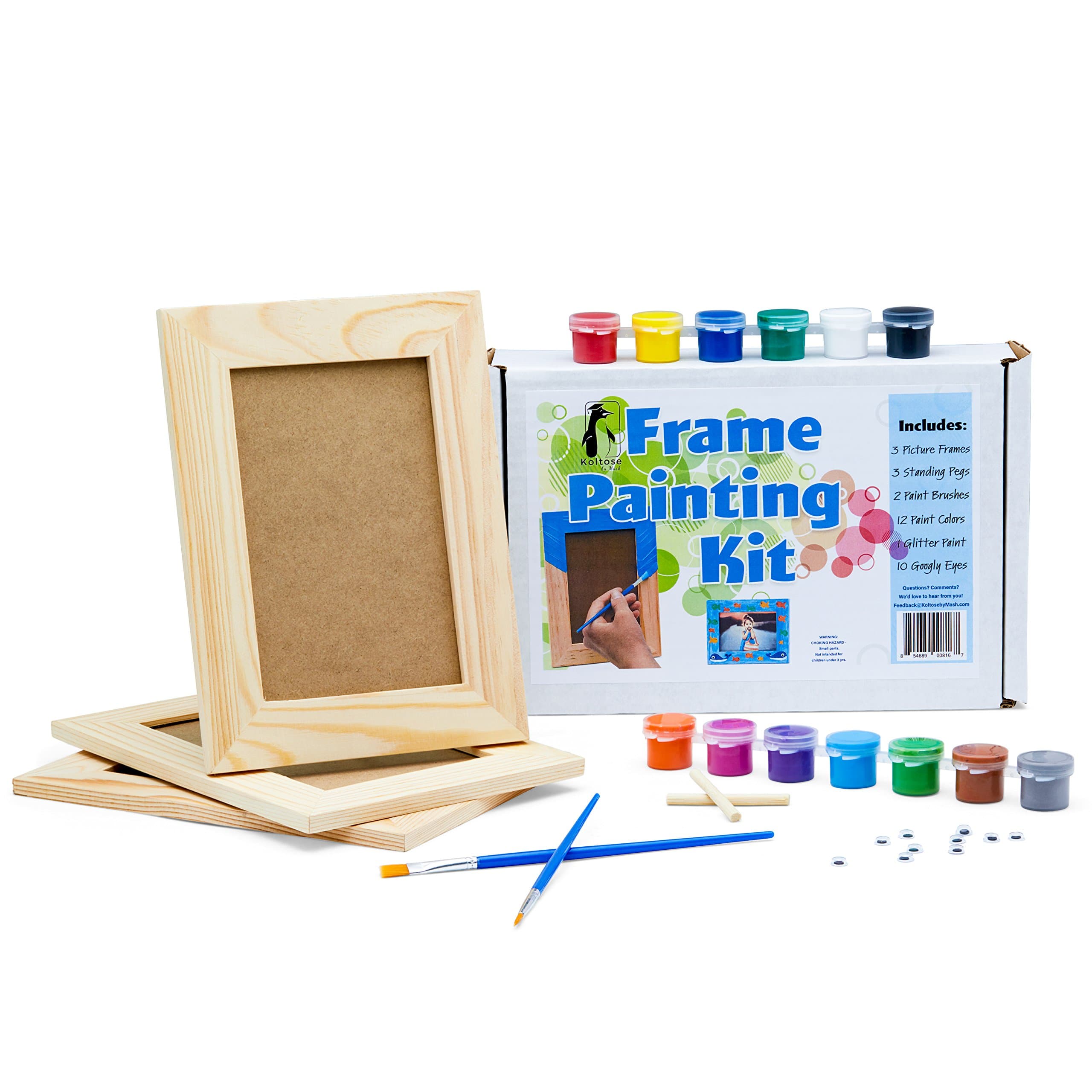 Picture Frame Painting Craft Kit, DIY Arts and Crafts Kit, 3 Unfinished Solid Wood Picture Frames (6X4 Photos) With Wooden Standing Pegs, Acrylic Paint, Glitter Paint, Paint Brushes, and Googly Eyes