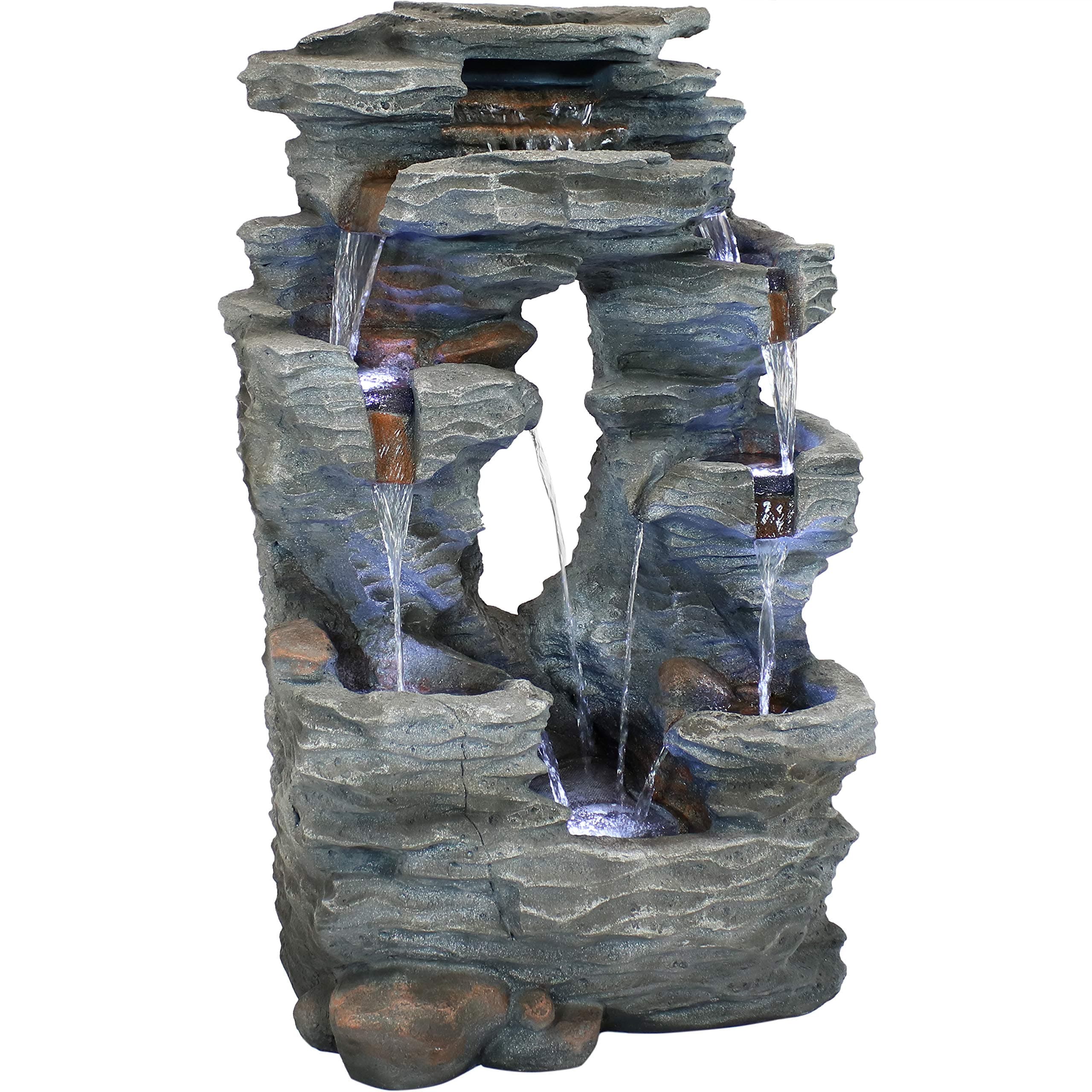 Sunnydaze Dual Cascading Rock Falls 39-Inch Outdoor Water Fountain with LED Lights - Electric Submersible Pump