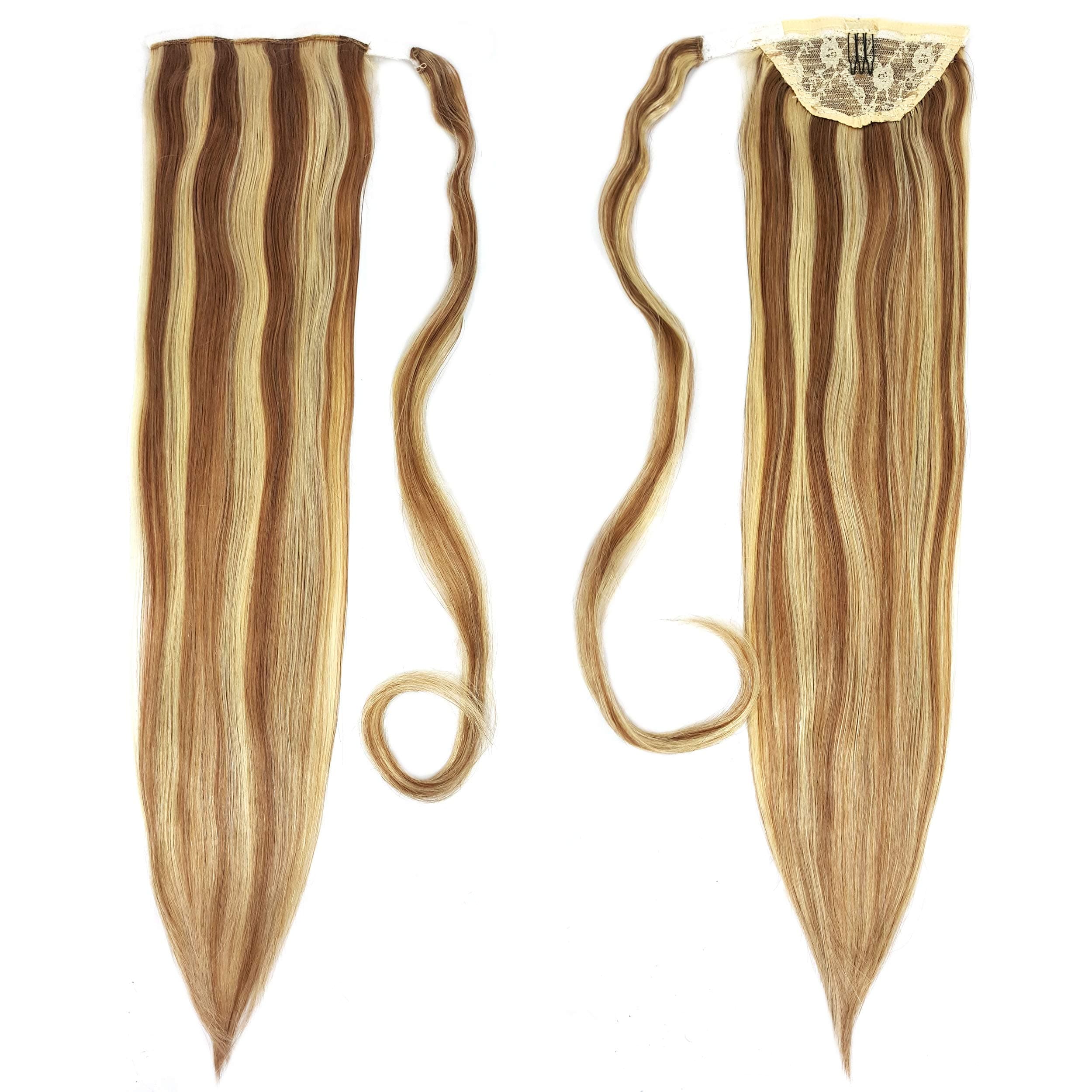 Human Hair Ponytail Extension Wrap 20” 100% Real Remy Premium Grade AAAAA 80 Grams Long Straight Human Hair Silky Soft by Knockout Hair (#07A/24 Light Natural Brown/Golden Ash Blonde Mix)