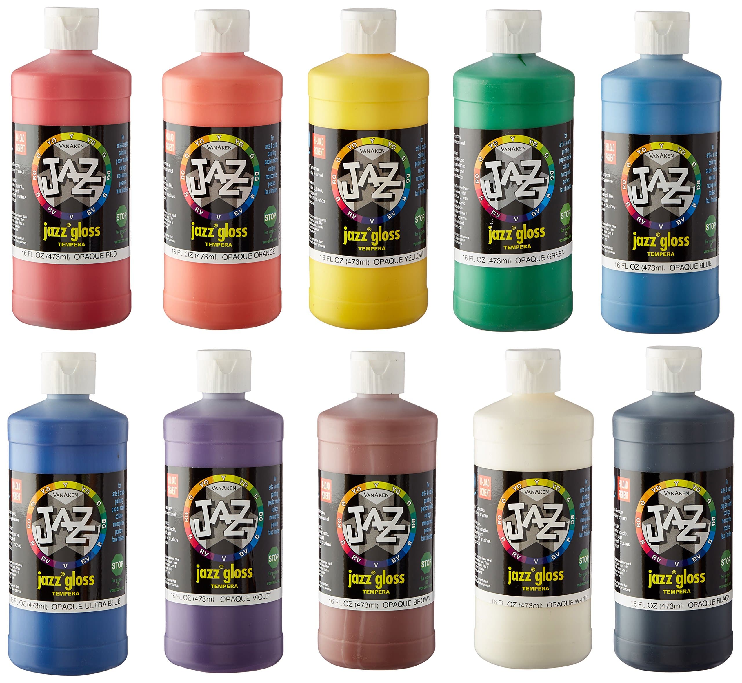 Van Aken Jazz Non-Toxic Water Soluble Sparkling Tempera Paint Set, 1 pt Squeeze Bottle, Assorted Opaque Gloss Color, Set of 10