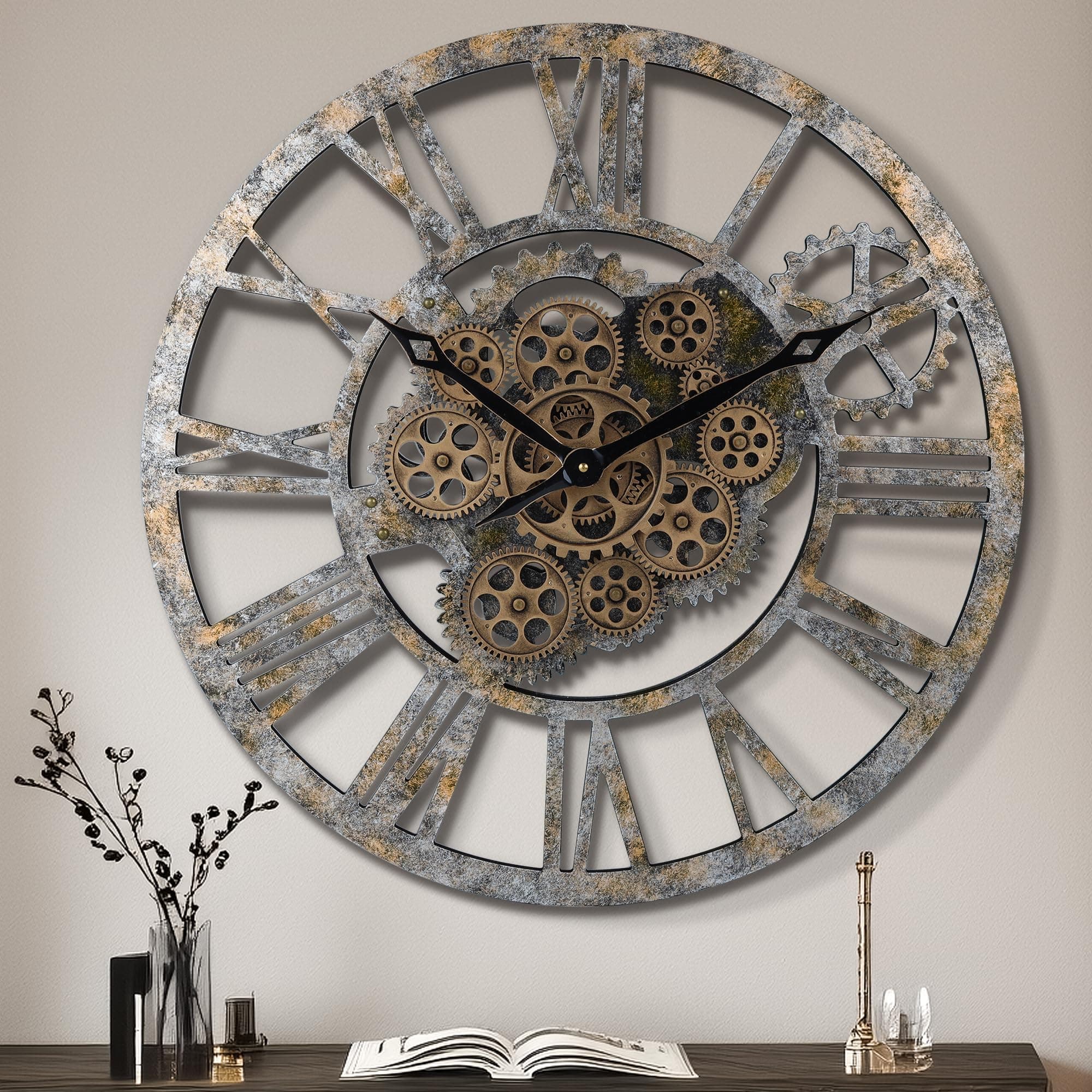 Lafocuse 23 Inch Wooden Real Moving Gears Wall Clock Bronze,Large Oversized Farmhouse Rustic Vintage Industrial Clock for Living Room Decor