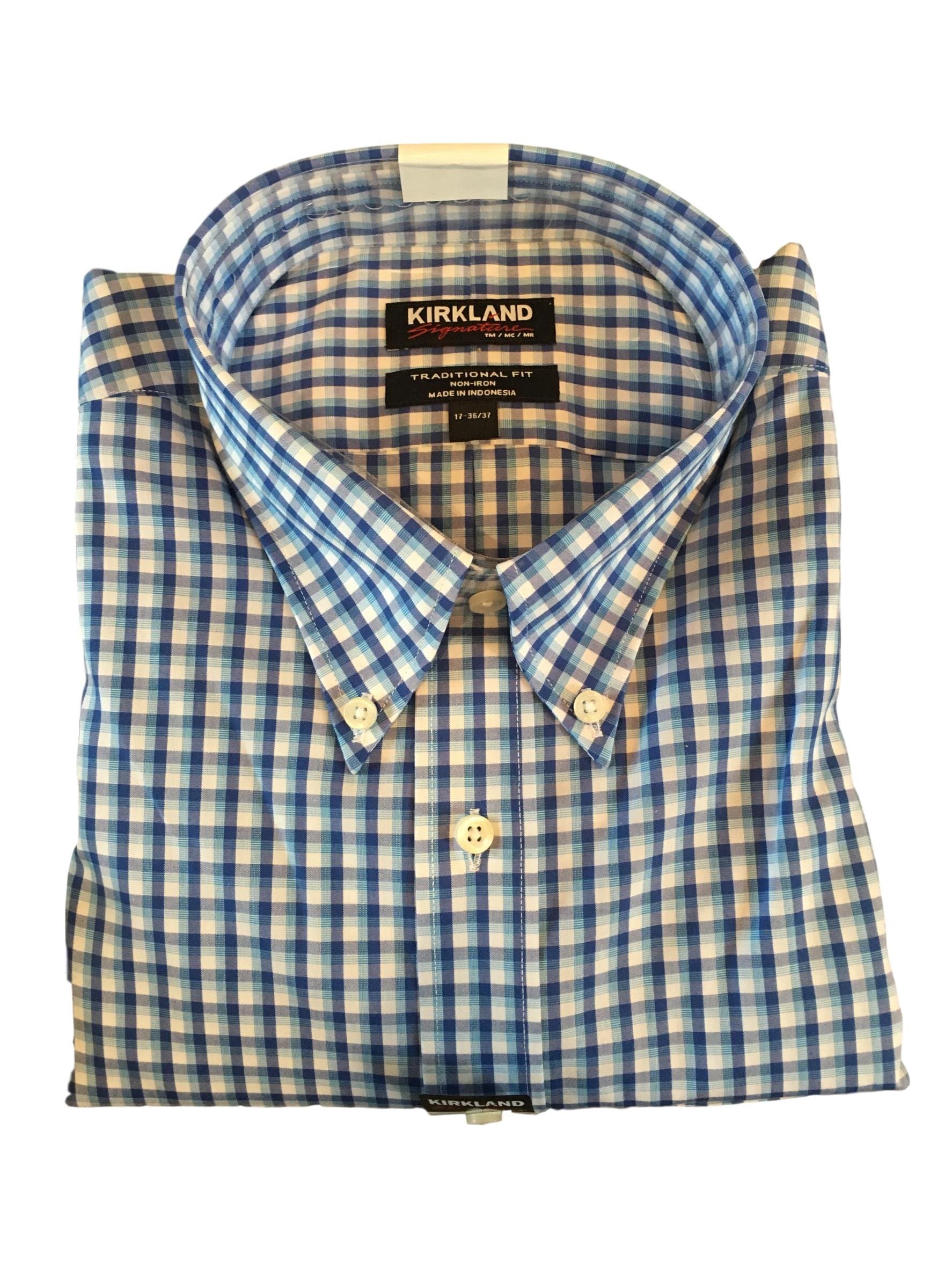 Kirkland Signature Men's Traditional Fit Button Front Long Sleeve Shirt (Light Blue Mini Checks, M 15-32/33)