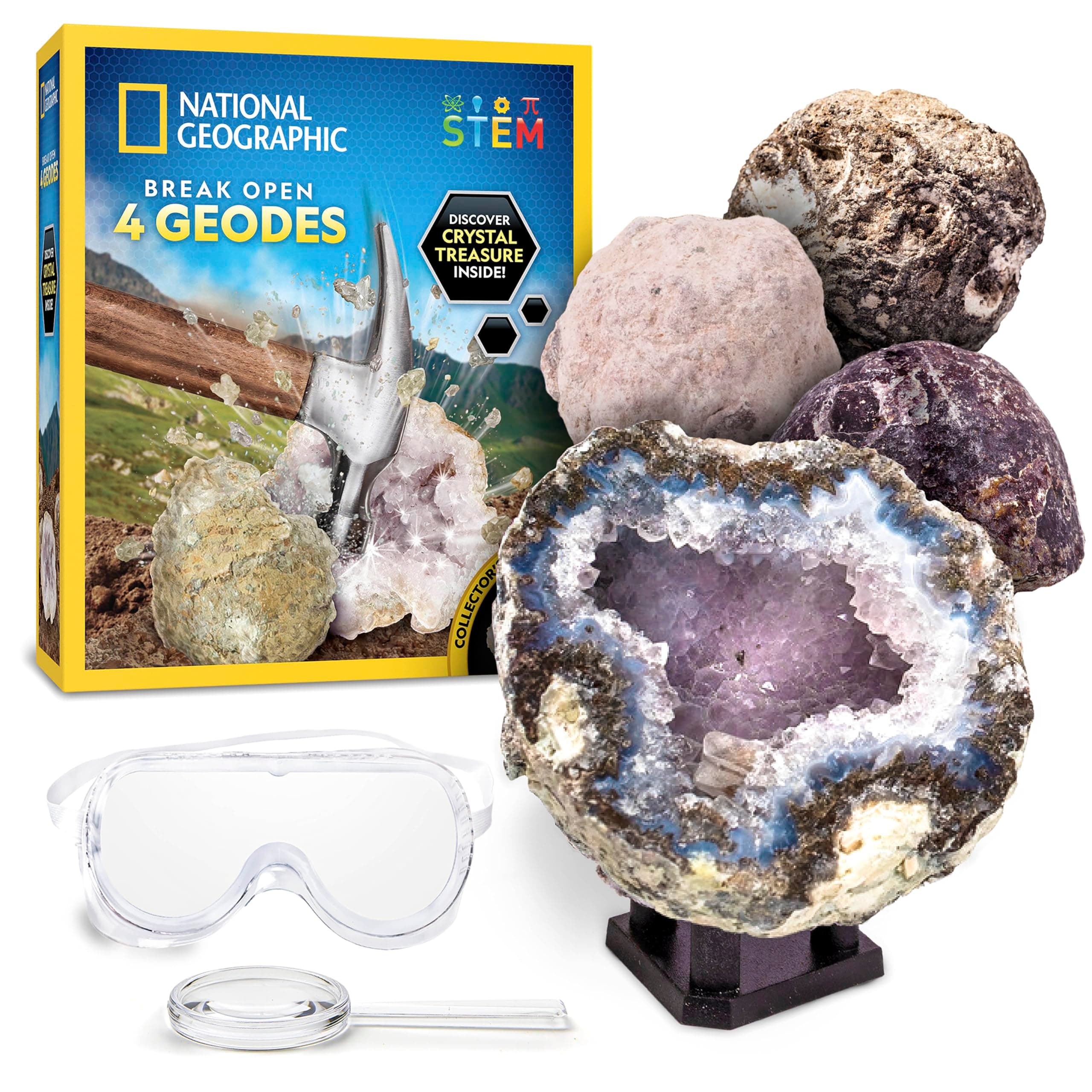 NATIONAL GEOGRAPHIC Break Open 4 Geodes Science Kit – Includes Goggles, Learning Guide, Display Stand, Great Mineralogy & Geology STEM Gift