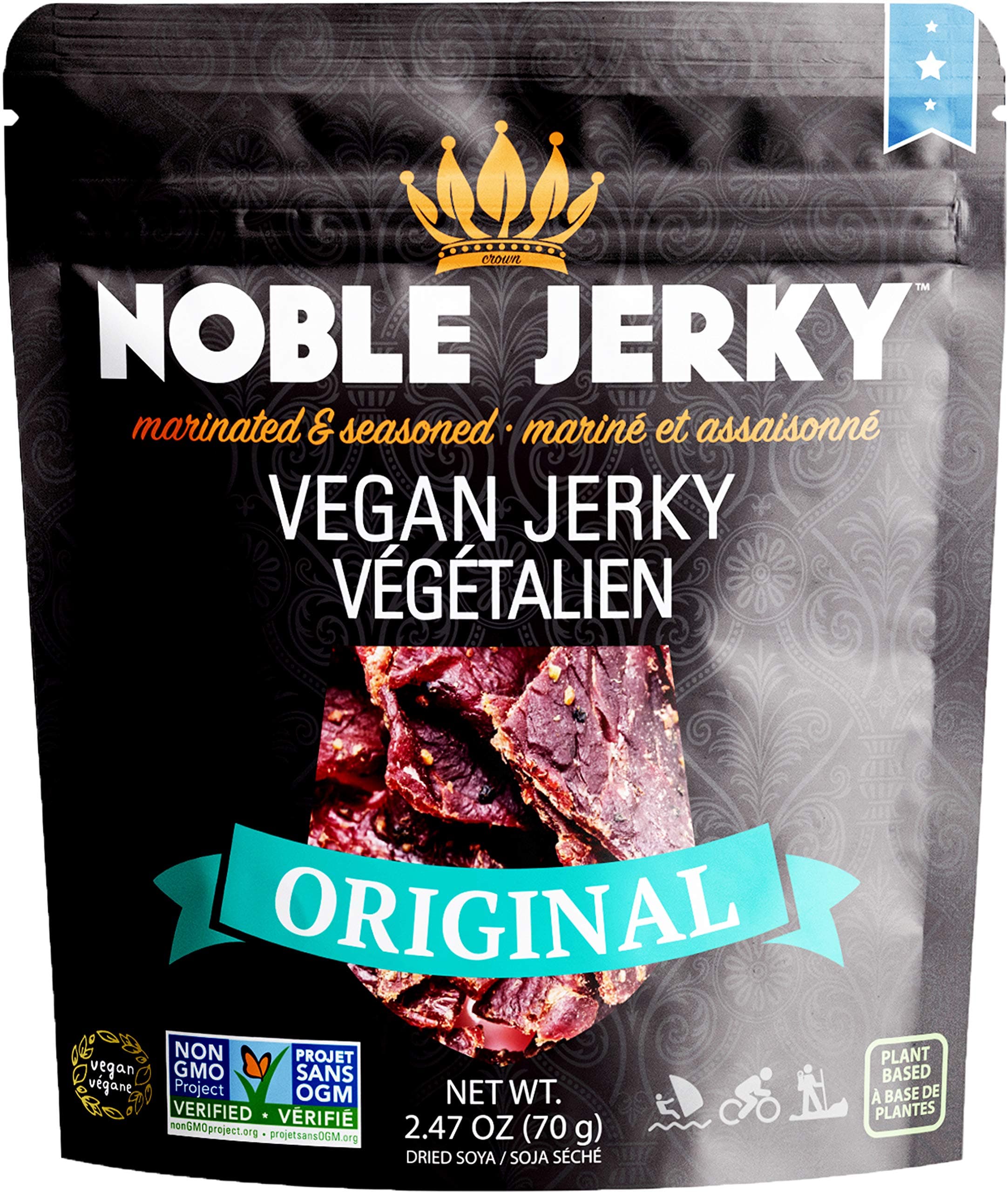 Noble Vegan Jerky – 14g Protein Per Serving, – Original Flavor, High-Protein Plant-Based Snack, Non-GMO, Gluten-Free, Delicious & Savory, Perfect for On-the-Go, Hiking & Healthy Eating – 2.47oz Pack