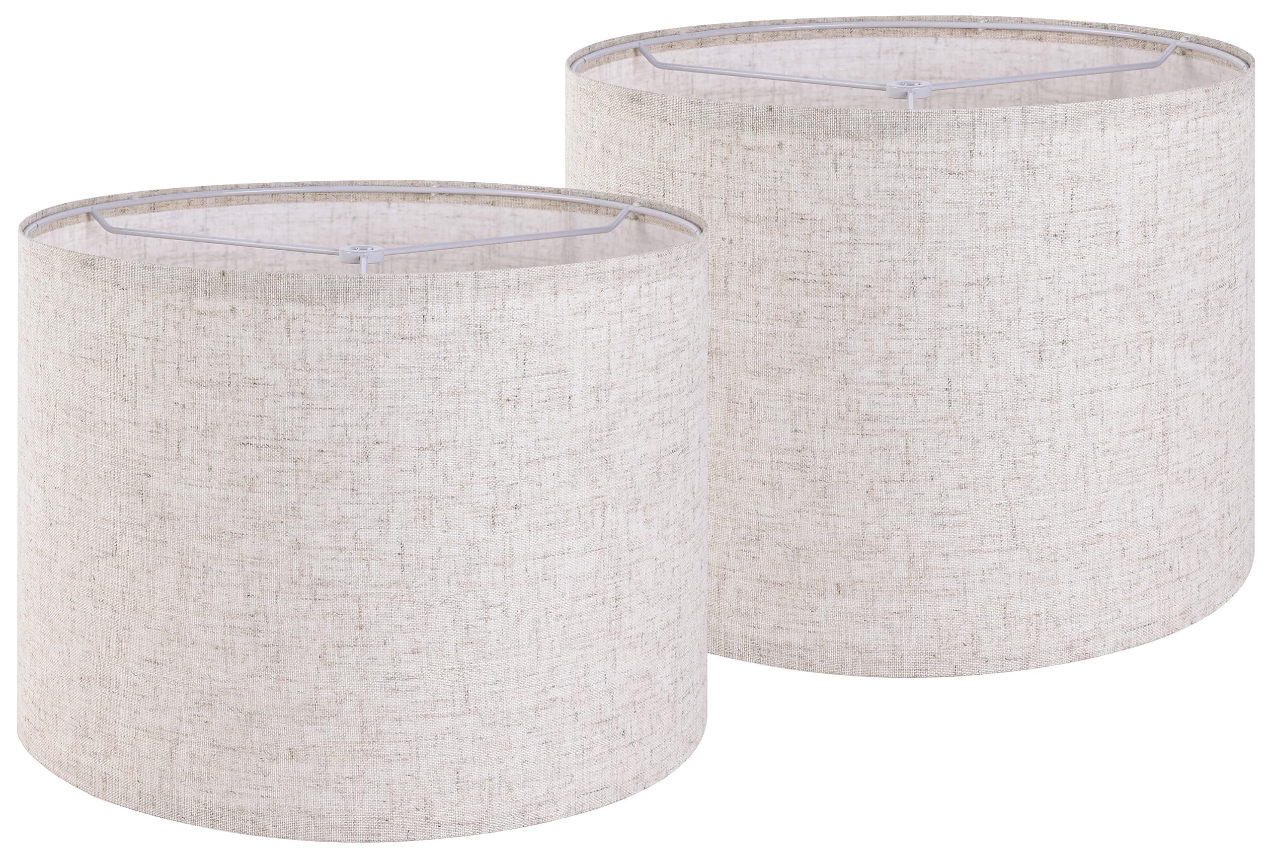 GO&SO Set of 2 Drum Lampshades for Table, Floor & Bedside Lamps - 13 * 13 * 10 inch, Medium Beige Shades - Natural Flax, Handcrafted with Spider Fitter - Ideal for Modern & Rustic Interiors -