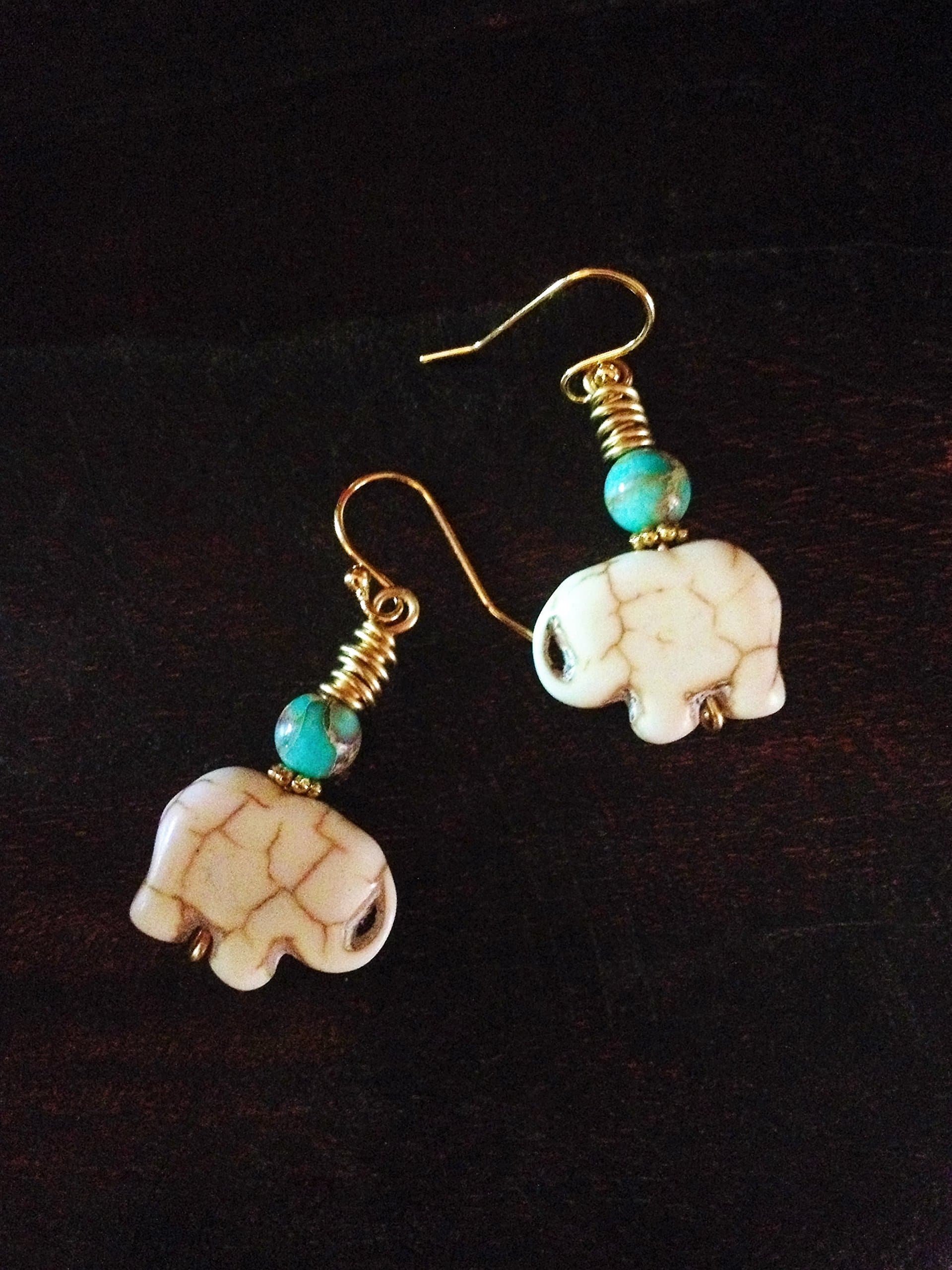 Lucky Bohemian Tribal White Howlite And Blue Jasper Gemstone Elephant Earrings