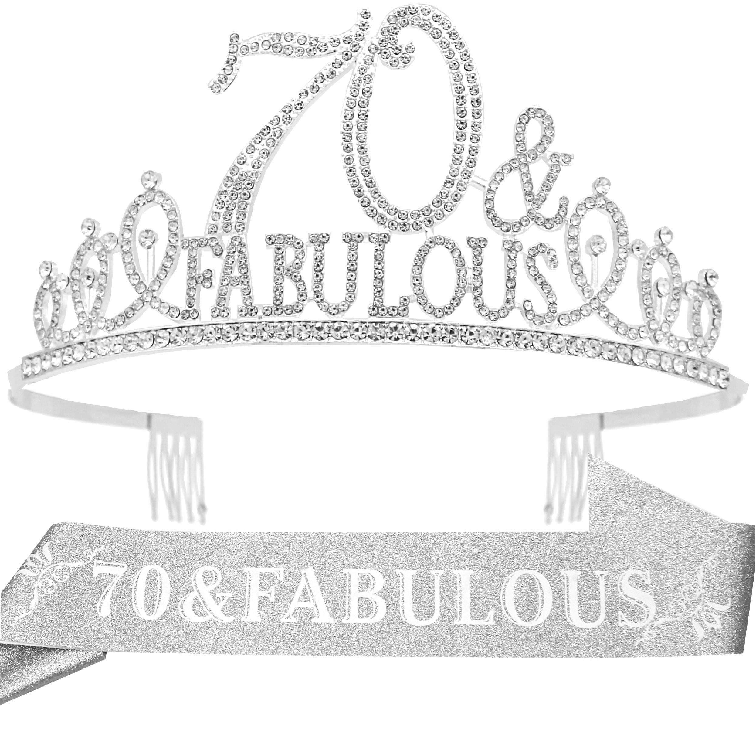70th Birthday Gifts for women,70th Birthday Tiara and Sash Silver,70th Birthday Decorations Party Supplies,70&FABULOUS Birthday Satin Sash Crystal Tiara Birthday Crown for 70th Birthday Party Decor