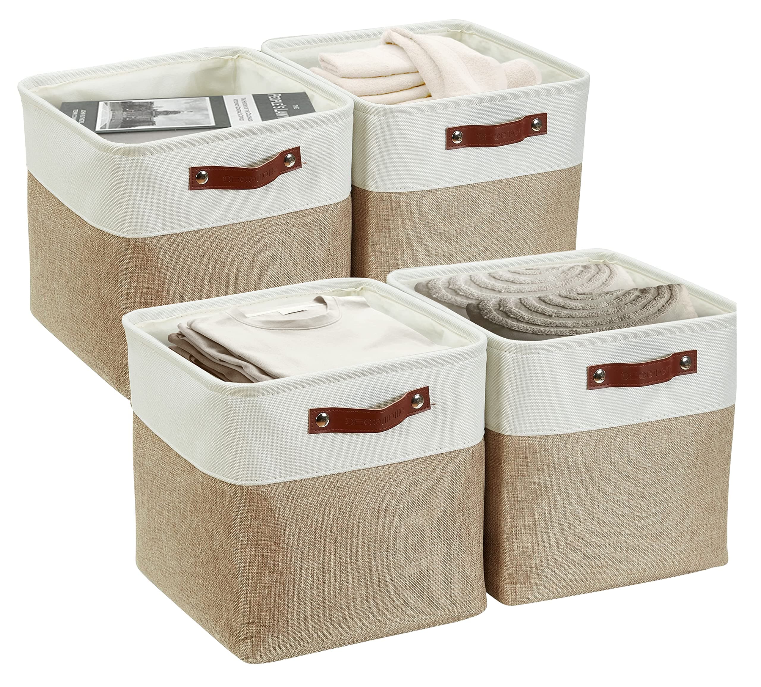DECOMOMO Cube Storage Bin Storage Cubes 12 x 12, Set of 4 Foldable Storage Cubes Fabric Bins with Faux Leather Handles for Shelves Closet Nursery Toys Cloth Bathroom (Beige&White)