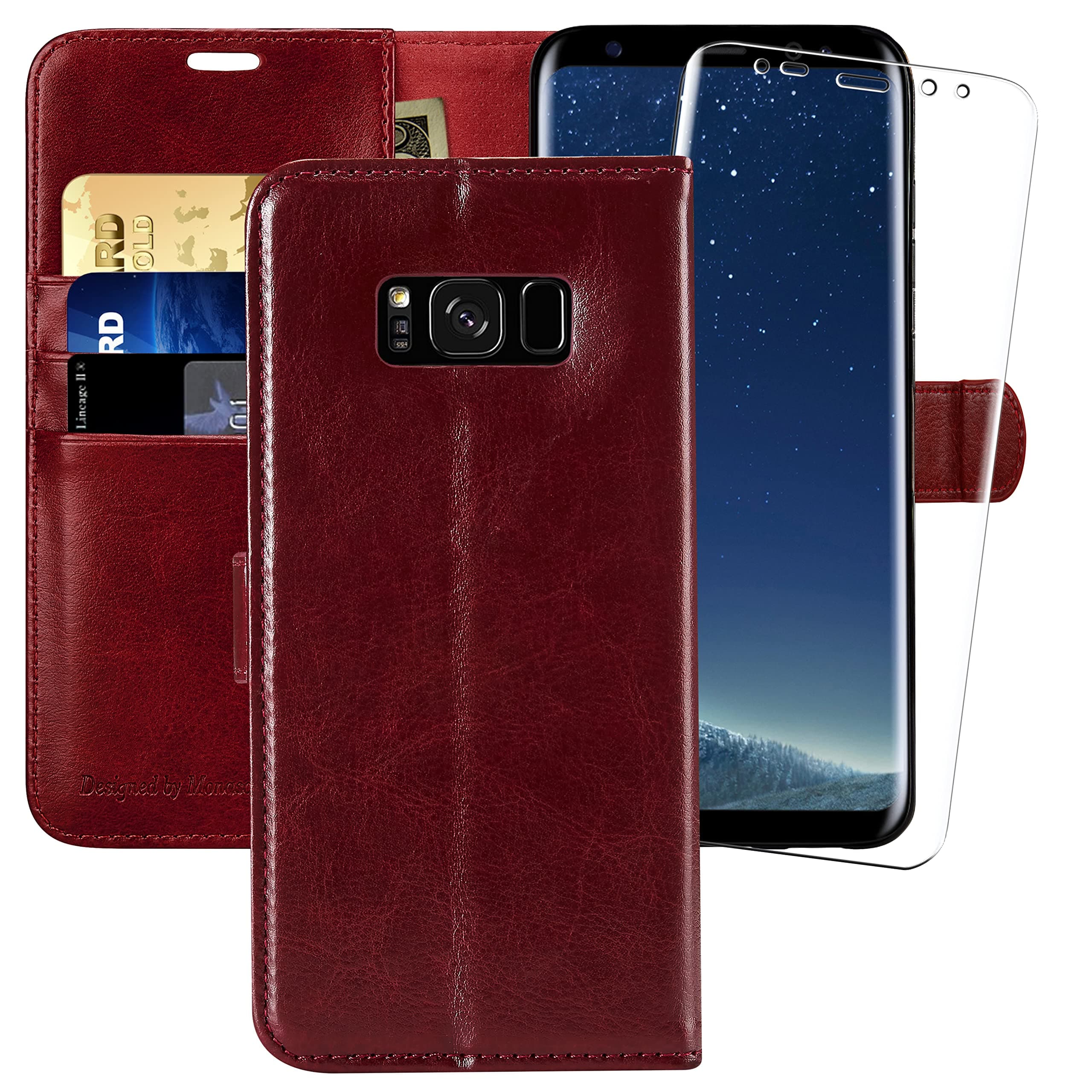 MONASAY Wallet Case Compatible for Galaxy S8, 5.8-inch, [Screen Protector Included][RFID Blocking] Flip Folio Leather Cell Phone Cover with Credit Card Holder, Burgundy