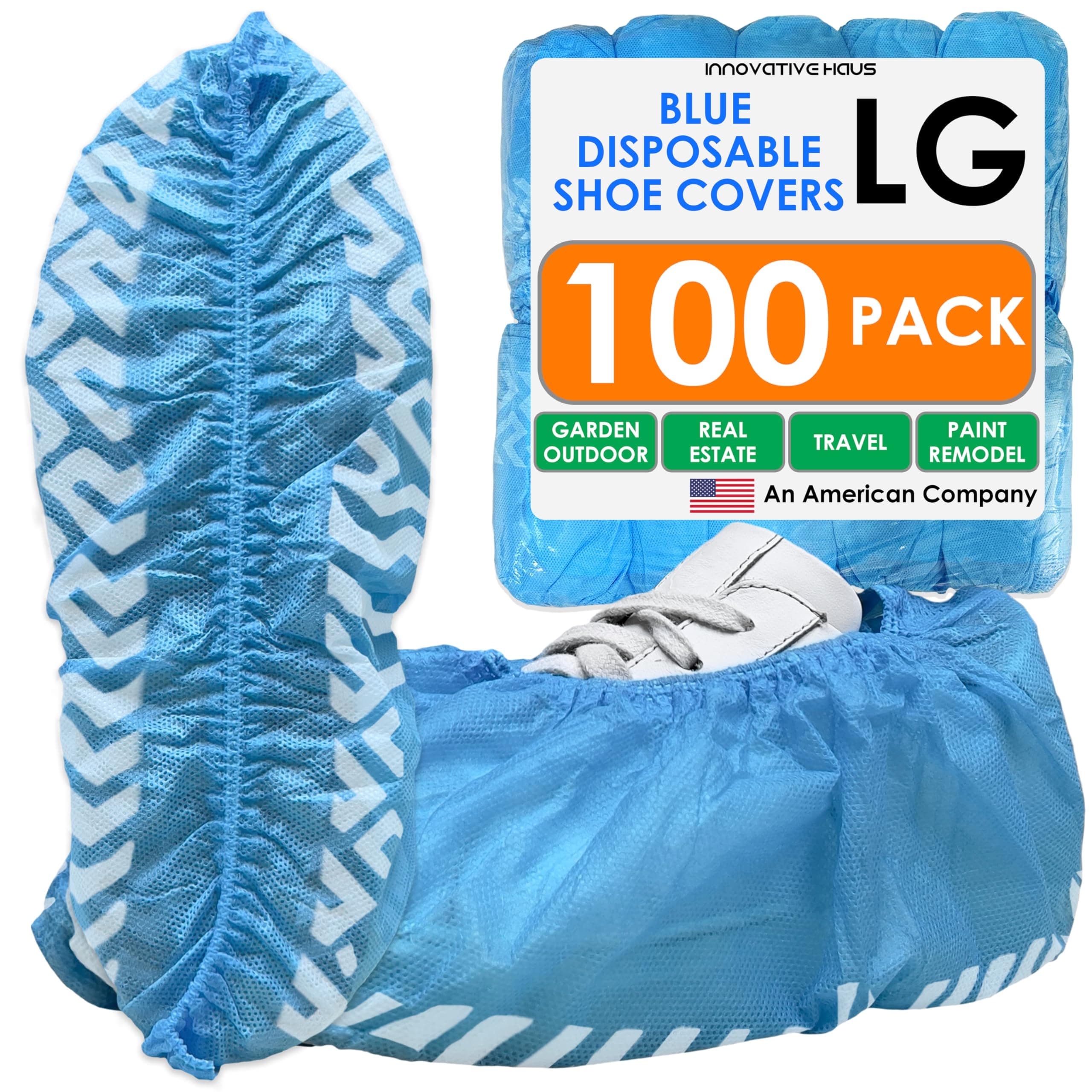 Innovative Haus Blue Indoor Disposable Shoe Covers - Disposable Non Slip Boot Covers - Indoor Reusable Booties - Treads - Water Resistant - 100 Pack, Large