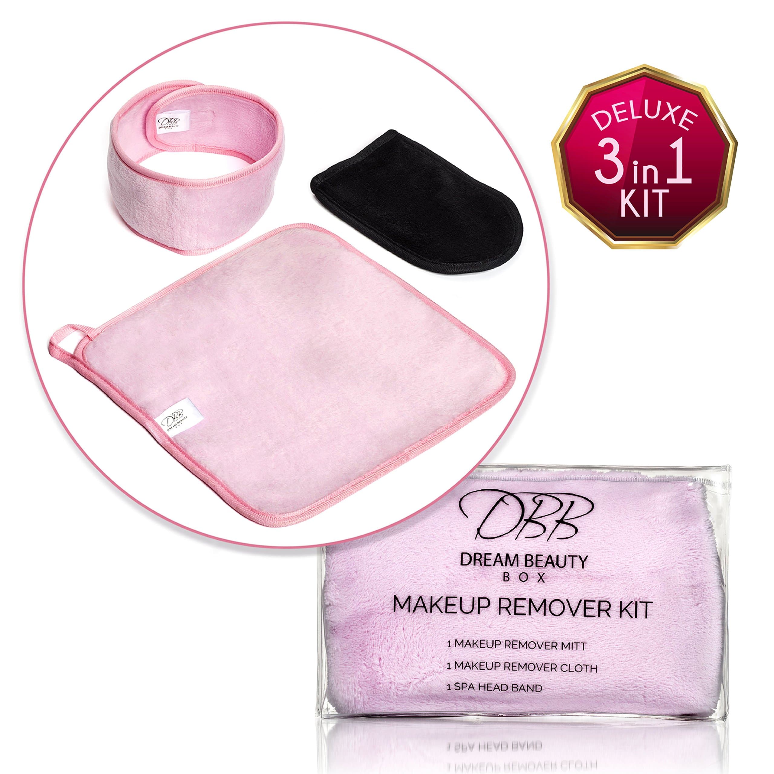 BEST MAKEUP REMOVER 3-in-1 Kit for Clean & Healthy Skin, Includes Spa Headband, Facial & Eye Cleansing Cloth Towels, Exfoliator Mitt, Simple & Natural Solution for Sensitive, Acne-Prone, Rosacea!