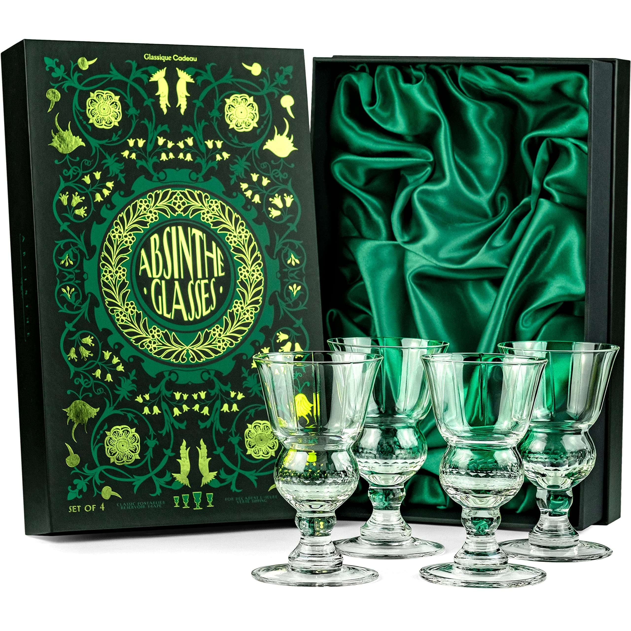 Vintage Crystal Absinthe Glasses | Set of 4 | Short Stemmed 6.5 oz Goblets with Bubble Reservoir for Drinking Green Fairy, Sambuca, Raki, Pastis and Ouzo | Handblown Small Wine Bistro Glassware