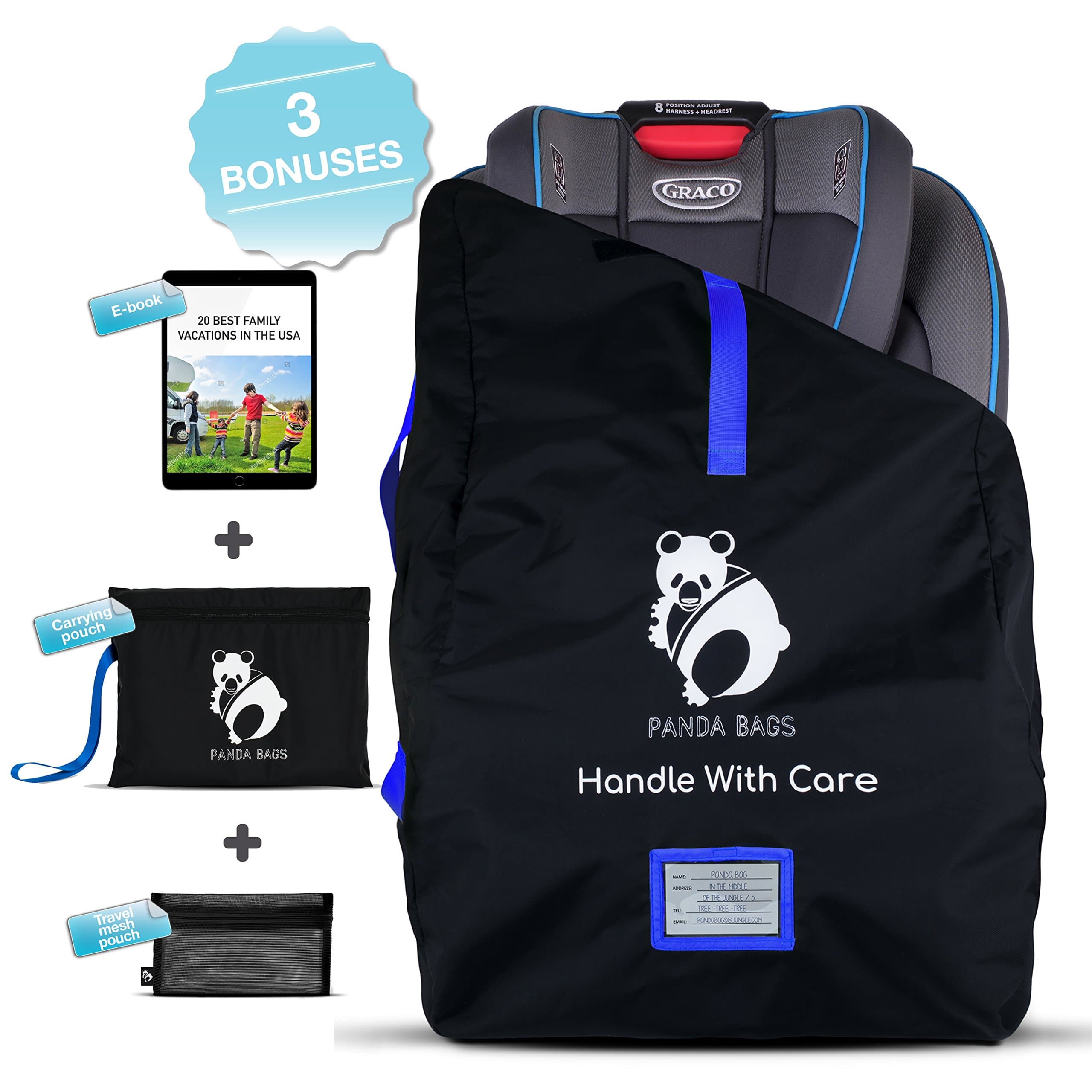 Car Seat Travel Bag by Panda Bags - Car Seat Protector for Infant and Child Car Seat With Double Padded Shoulder Straps For Easy Carry - Durable Car Seat Bag for Airport Gate Check + 3 Special Bonuses