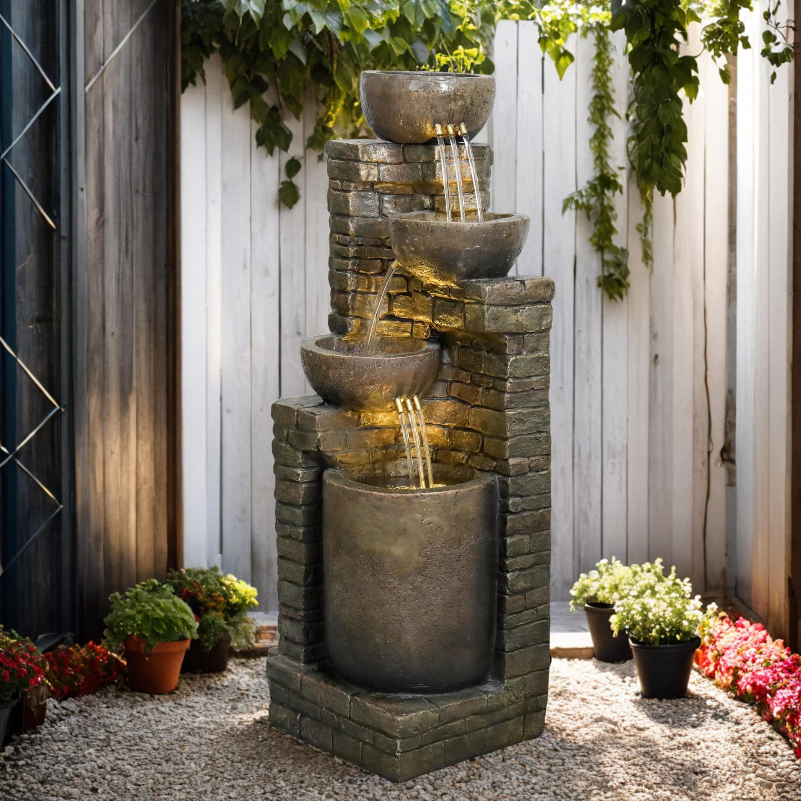 Hamiedun 38.2 ''H Cascading Bowls and Stacked Stones with Led Lights Outdoor ...