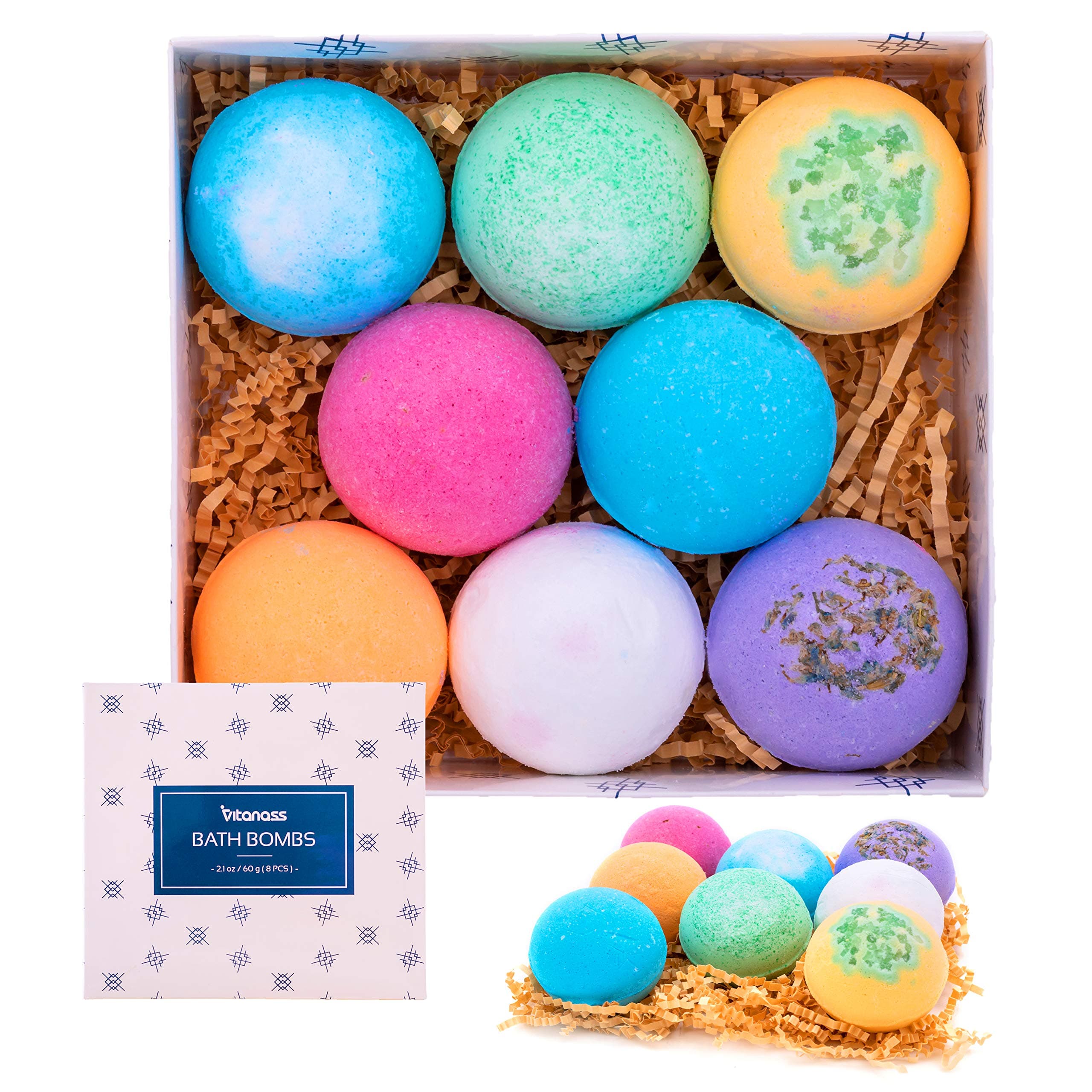 VITANASS 8 Handmade Bath Bombs Gift Set - Nature Essential Oil - Organic Shea & Coco Butter Dry Skin Moisturize - Spa Bomb Fizzies - Add to Bath Bubbles, Basket, Bath Beads - Bath Pearls
