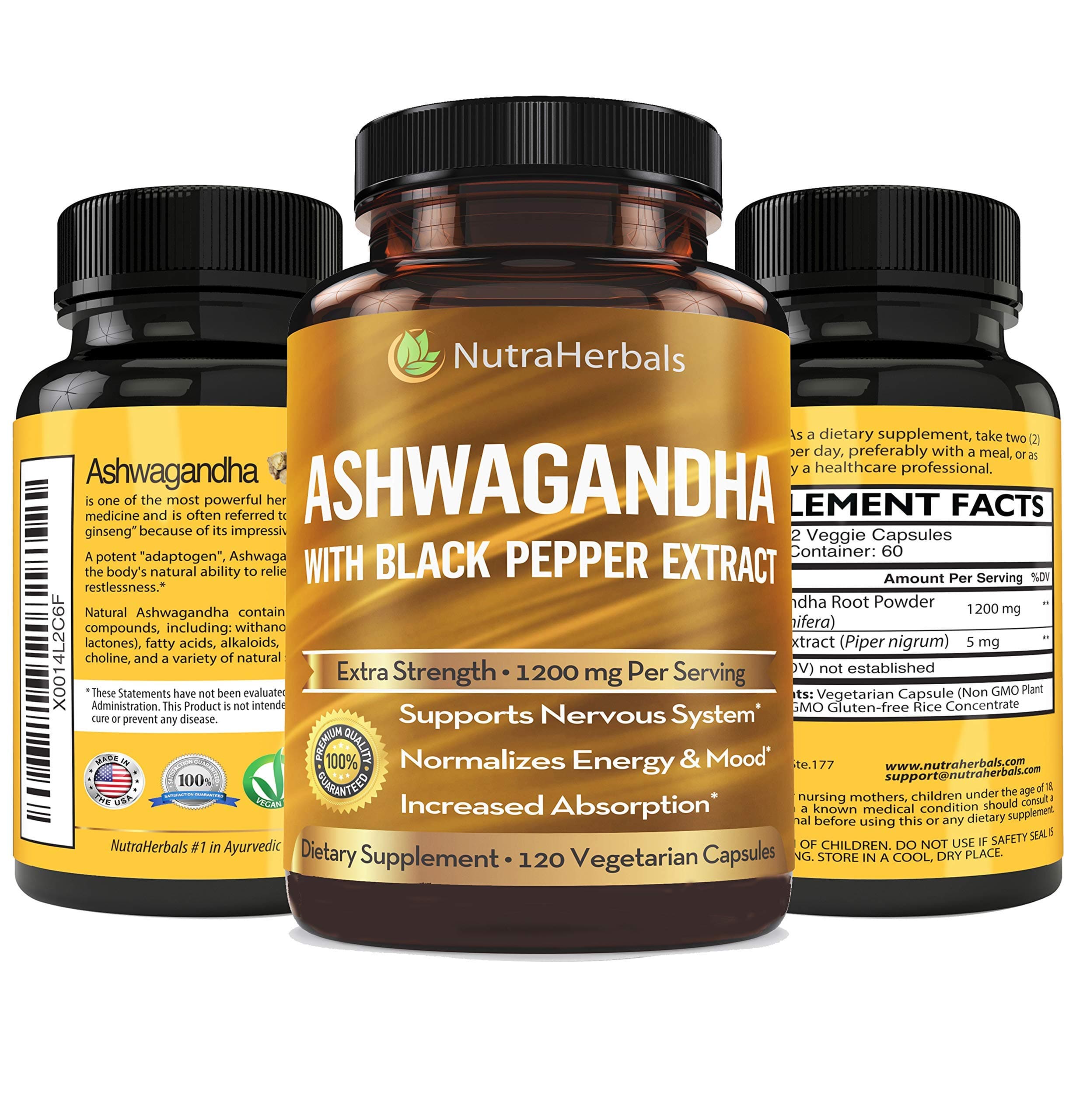 Ashwagandha Supplement Made with Organic Ashwaganda Root Powder 1200mg with Black Pepper Extract for Increased Absorption - 3 Pack