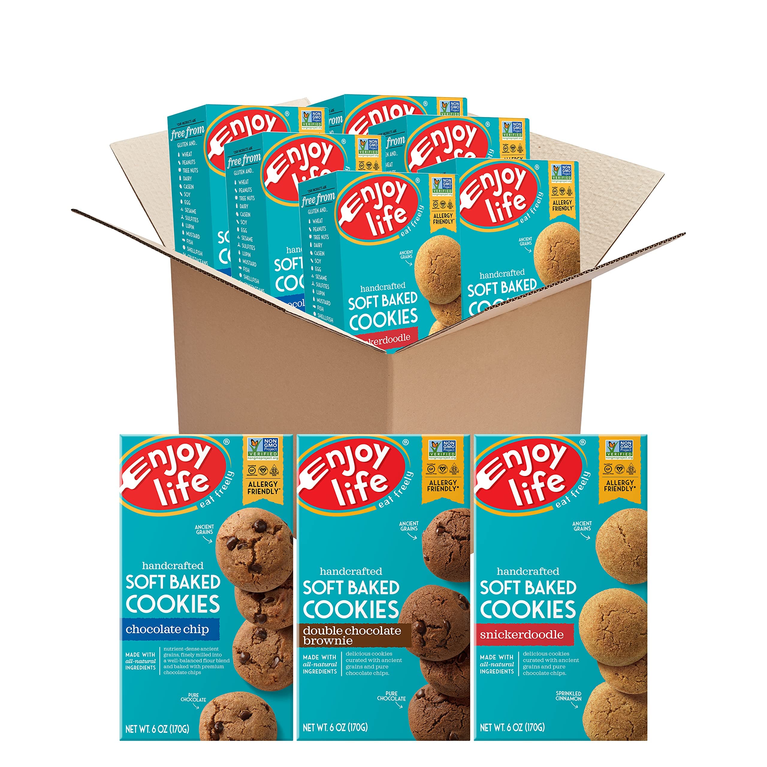 Enjoy Life Foods Soft Baked Cookies, Double Chocolate Brownie & Snickerdoodle Bundle, Soy or Dairy Free, Non GMO, Gluten Free, Vegan, Nut Free, Boxes, 6 Oz, Pack of 6, 2 Count