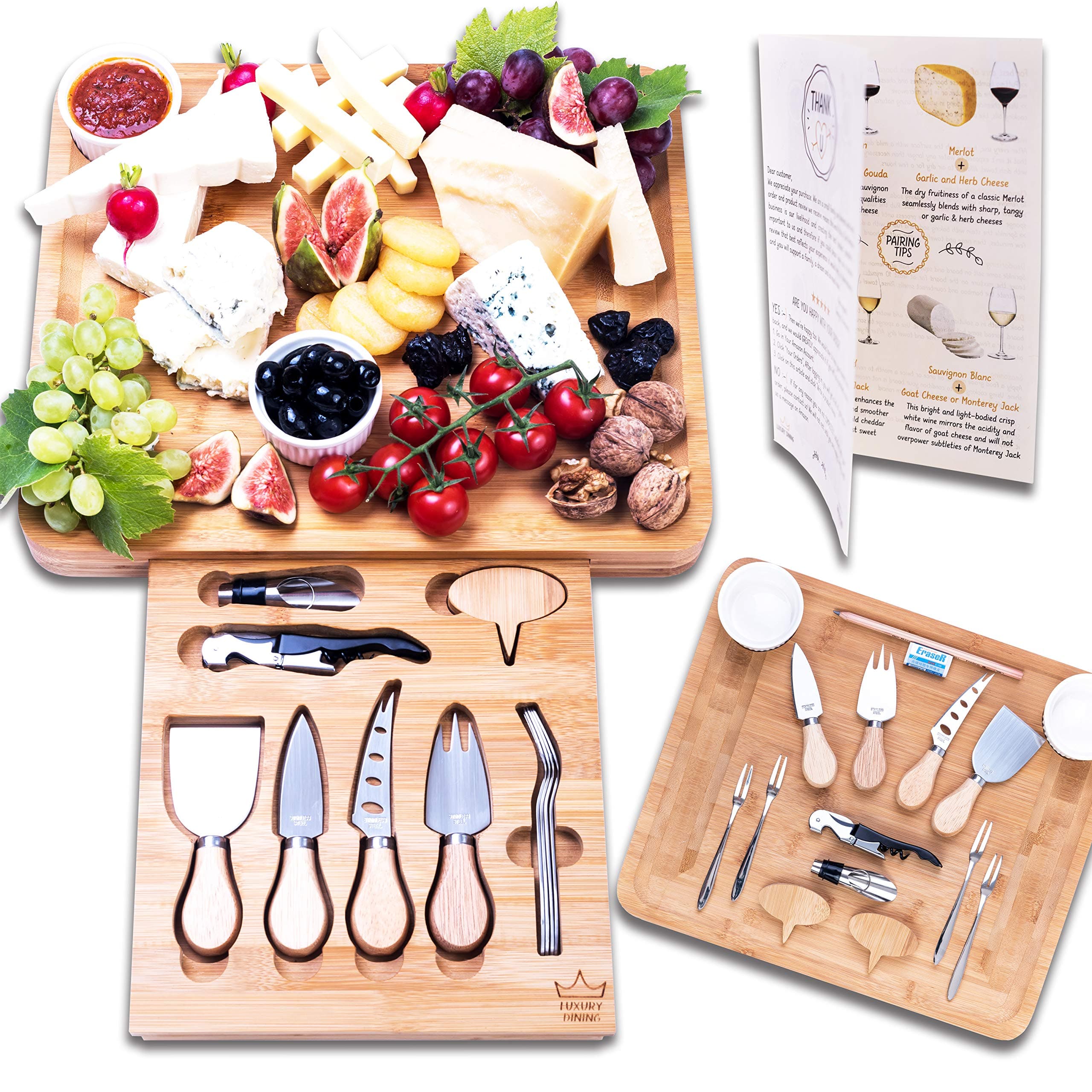 Luxury Dining 16-Piece Charcuterie Cheese Board and Knife Set - Organic Bamboo Wood Cutting and Serving Tray, Perfect Wedding, Birthday and Housewarming Gifts